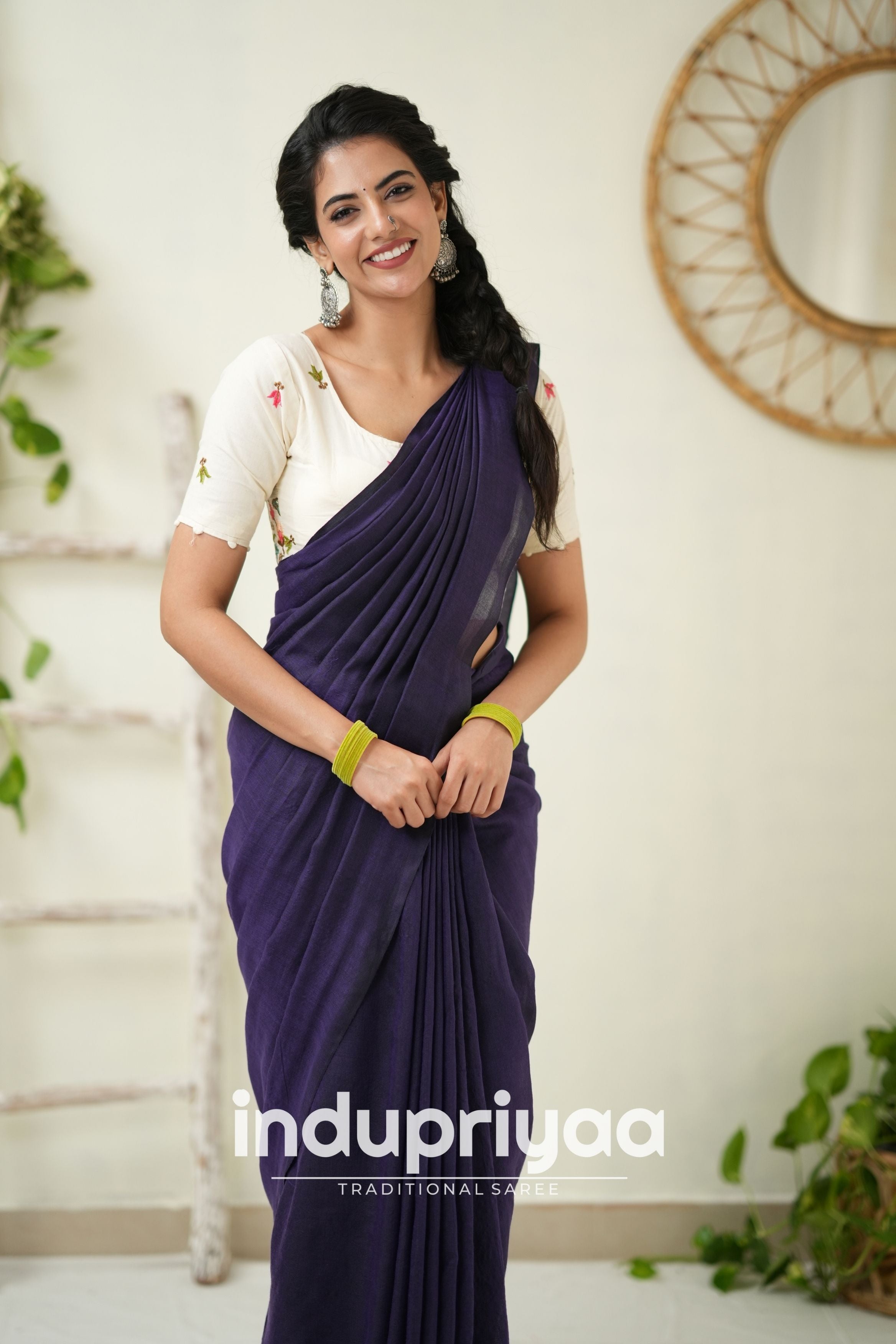 Purple Handloom Khadi Cotton Saree With  Embrodery Work Redy Made Blouse