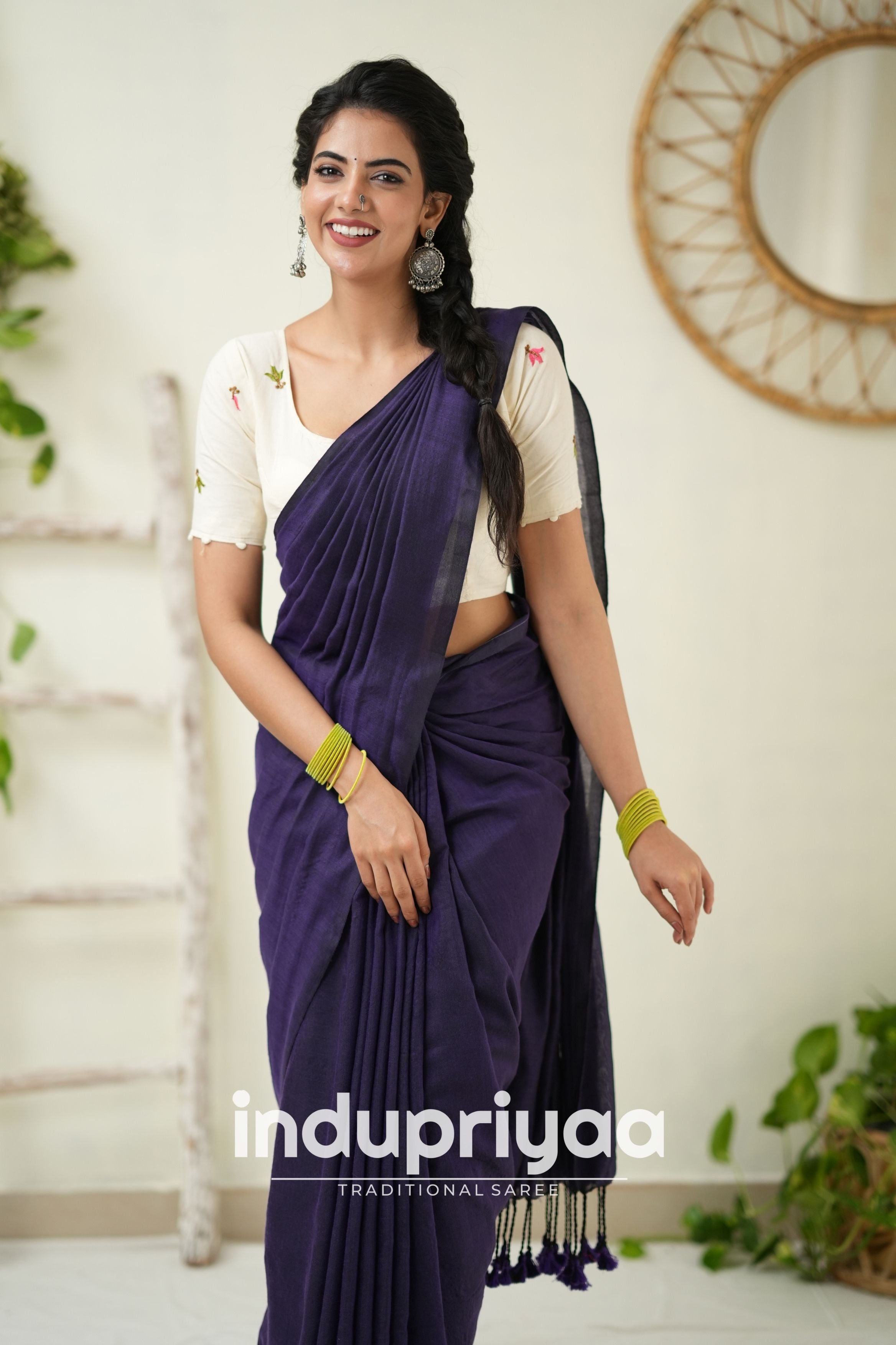 Purple Handloom Khadi Cotton Saree With  Embrodery Work Redy Made Blouse