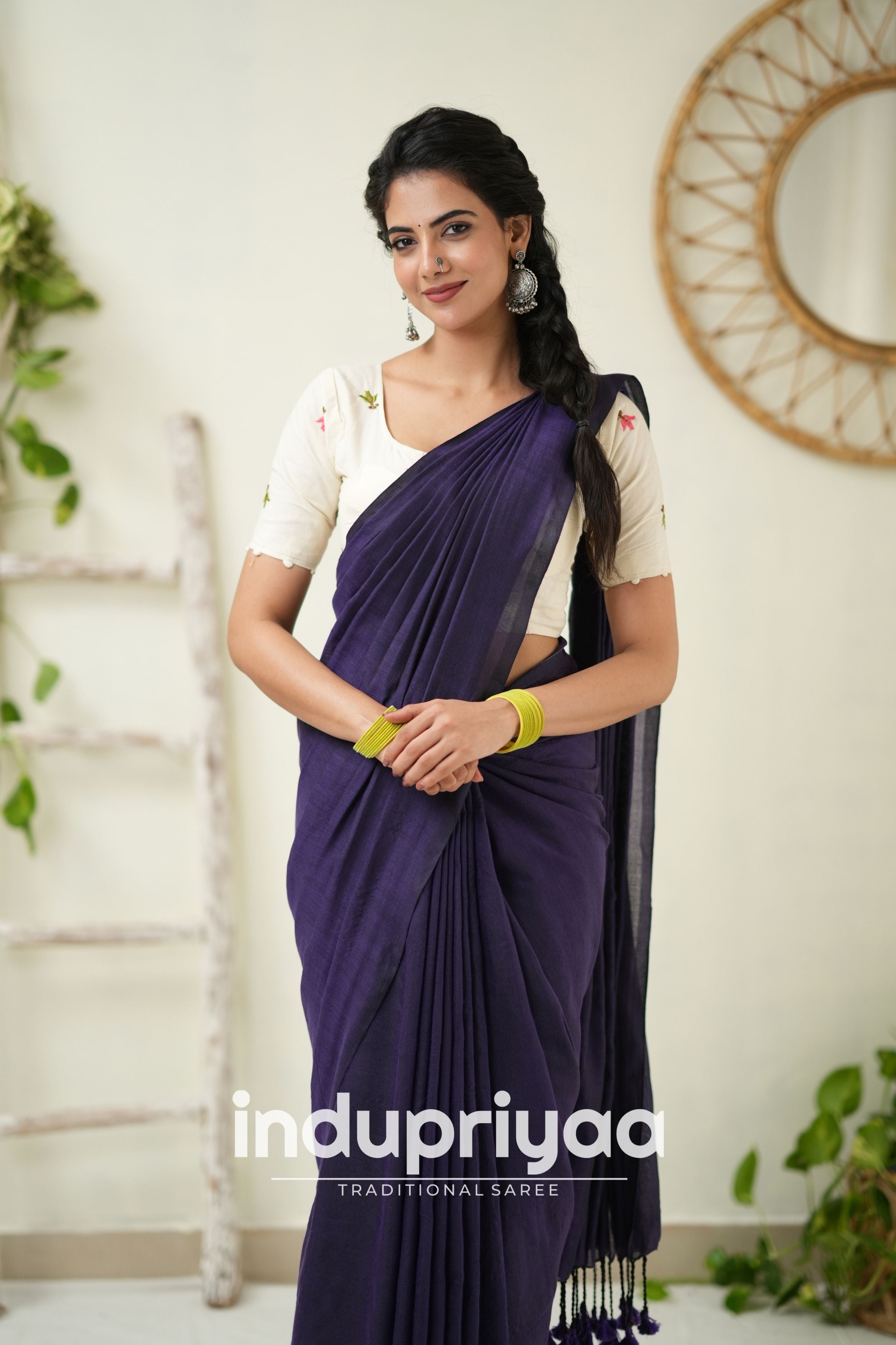 Purple Handloom Khadi Cotton Saree With  Embrodery Work Redy Made Blouse