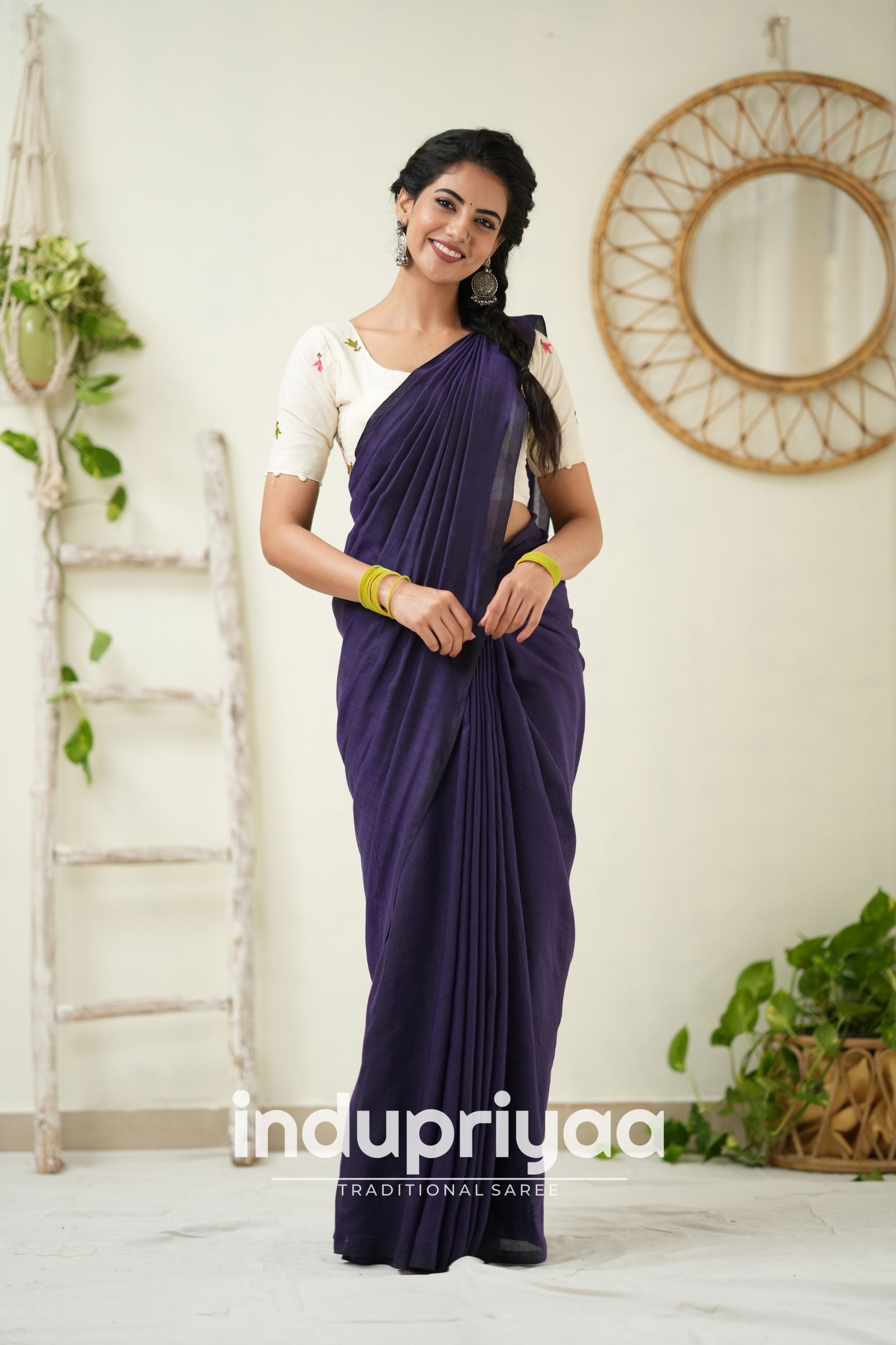 Purple Handloom Khadi Cotton Saree With  Embrodery Work Redy Made Blouse