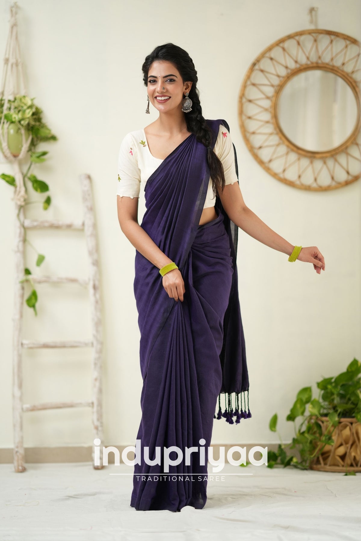 Purple Handloom Khadi Cotton Saree With  Embrodery Work Redy Made Blouse