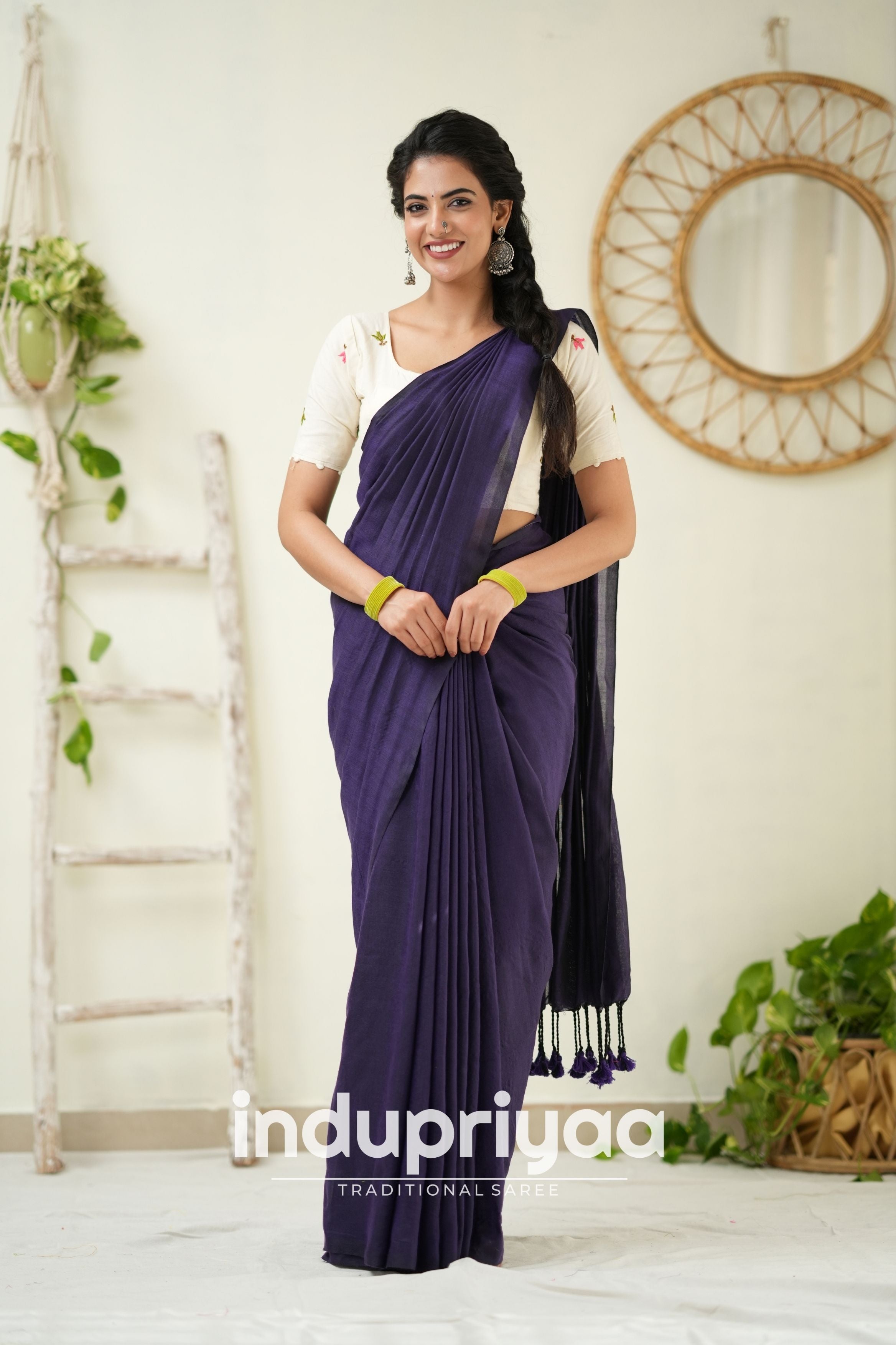 Purple Handloom Khadi Cotton Saree With  Embrodery Work Redy Made Blouse