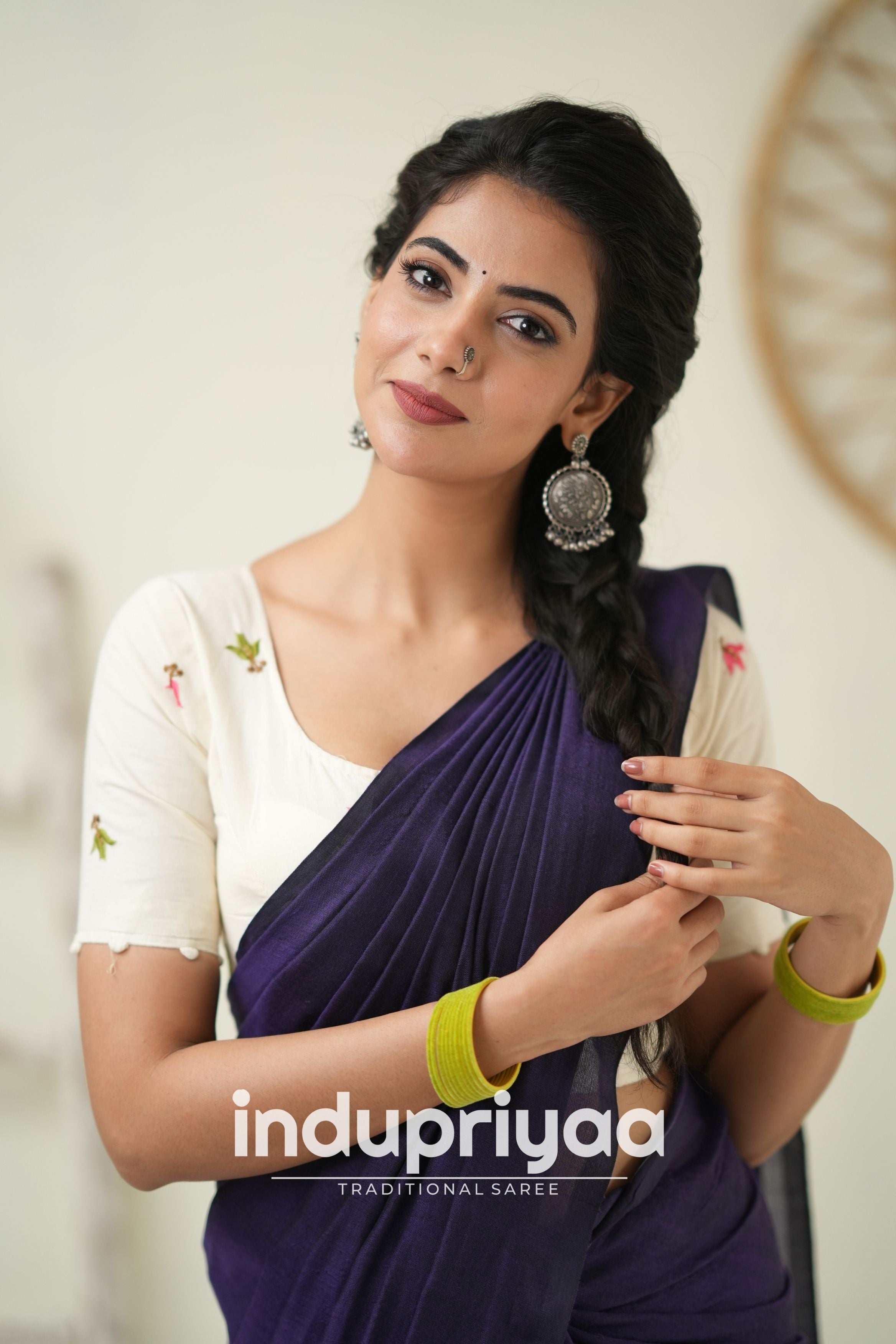 Purple Handloom Khadi Cotton Saree With  Embrodery Work Redy Made Blouse