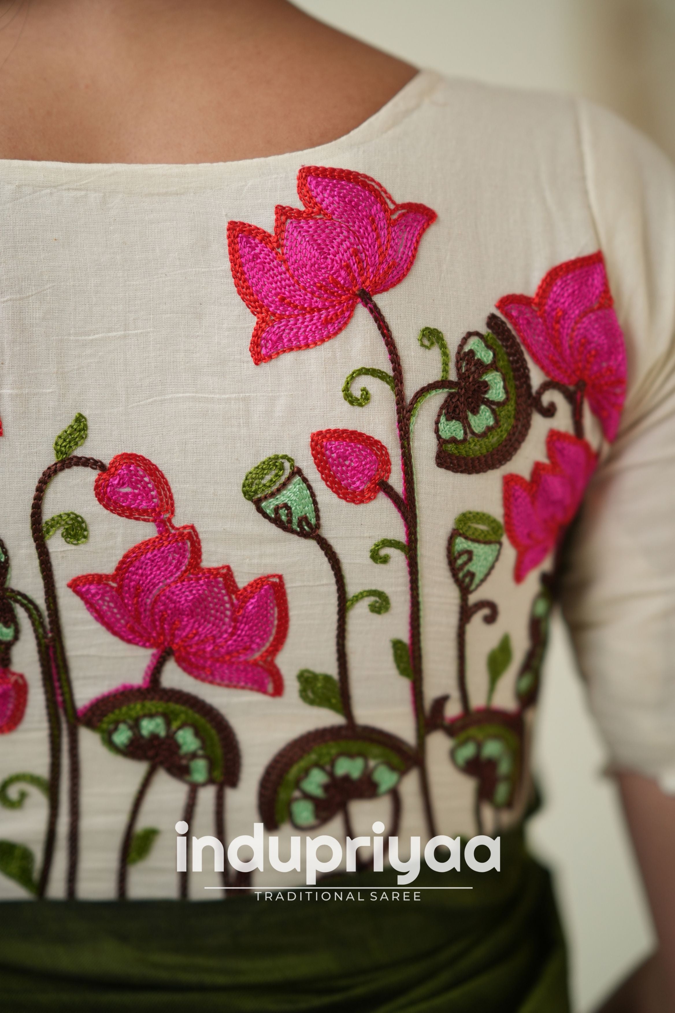Mehndi Handloom Khadi Cotton Saree With Embrodery Work Redy Made Blouse