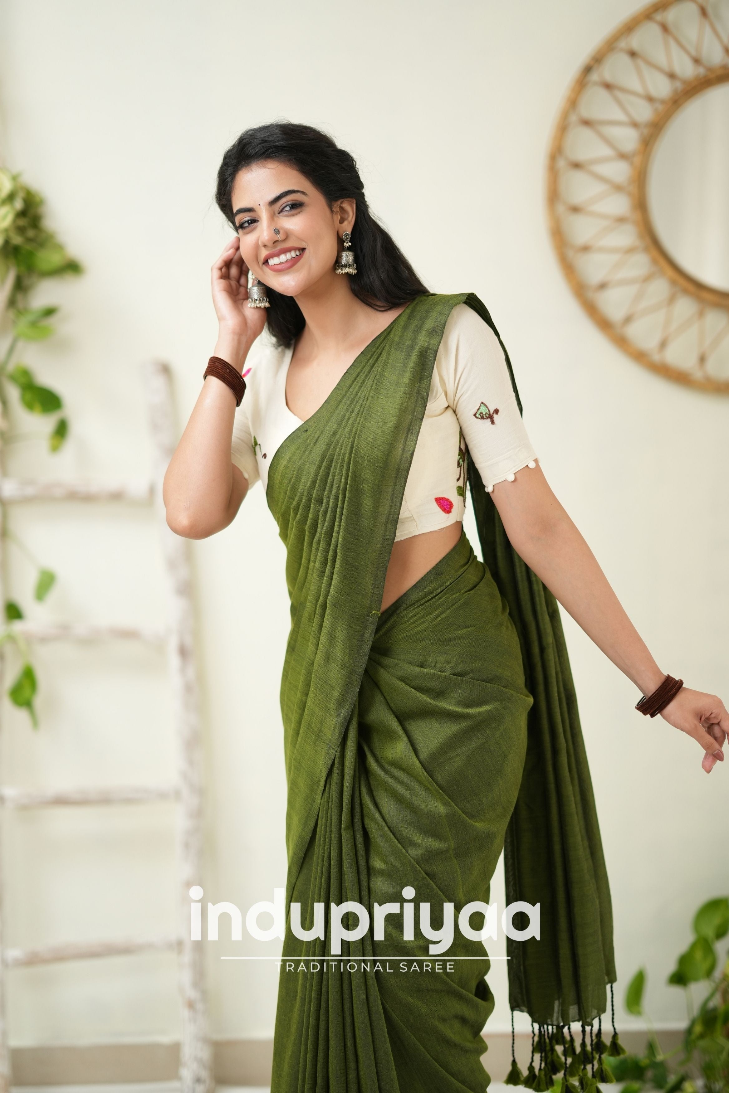 Mehndi Handloom Khadi Cotton Saree With Embrodery Work Redy Made Blouse