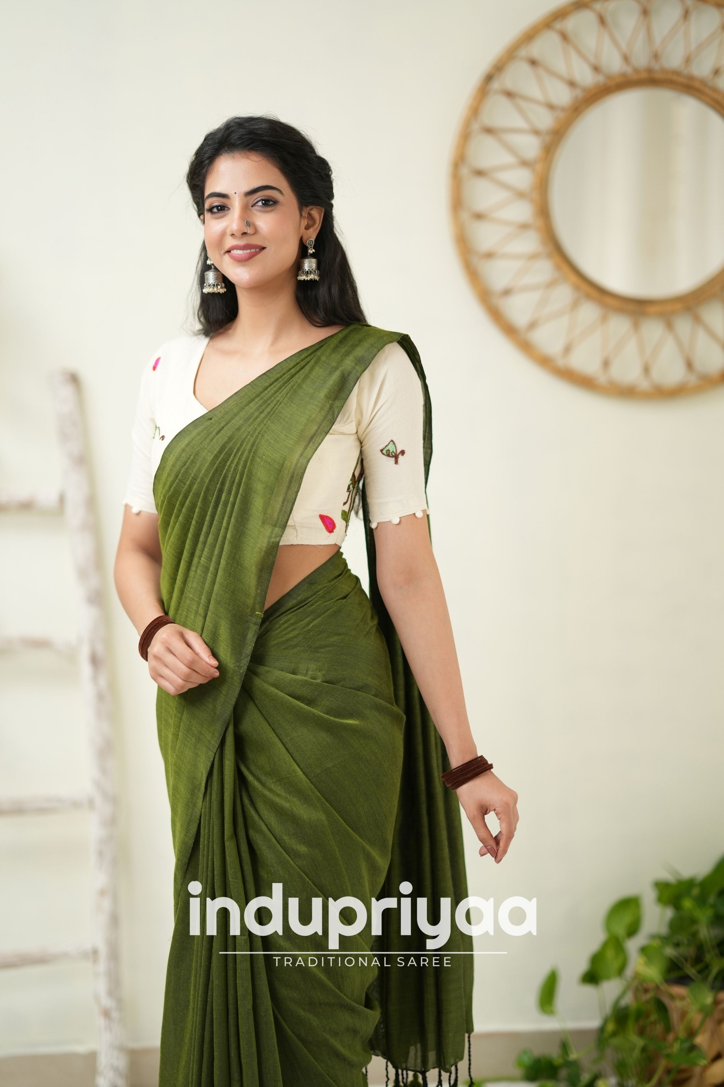 Mehndi Handloom Khadi Cotton Saree With Embrodery Work Redy Made Blouse