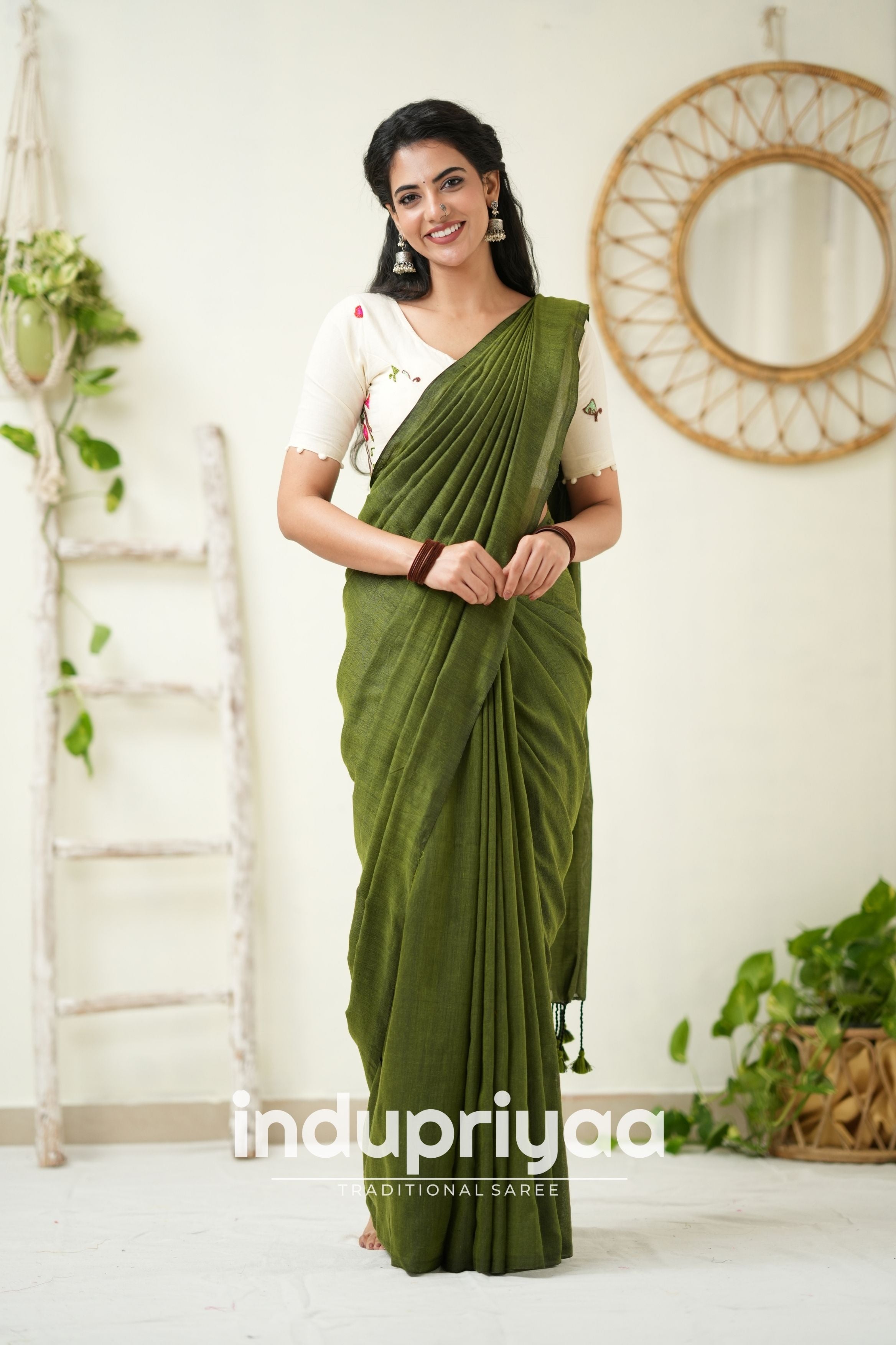 Mehndi Handloom Khadi Cotton Saree With Embrodery Work Redy Made Blouse