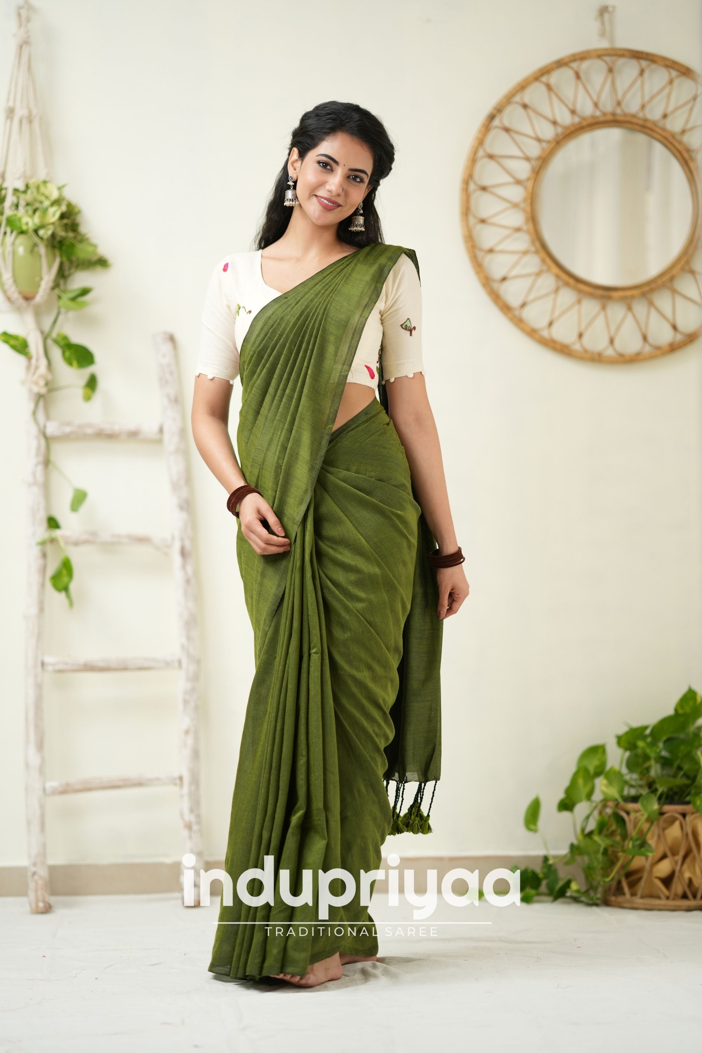 Mehndi Handloom Khadi Cotton Saree With Embrodery Work Redy Made Blouse