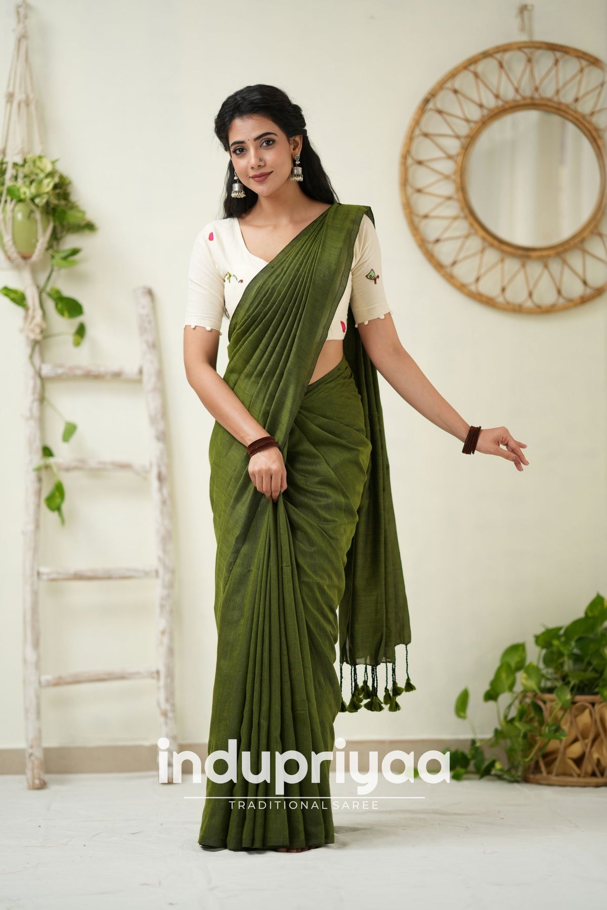 Mehndi Handloom Khadi Cotton Saree With Embrodery Work Redy Made Blouse