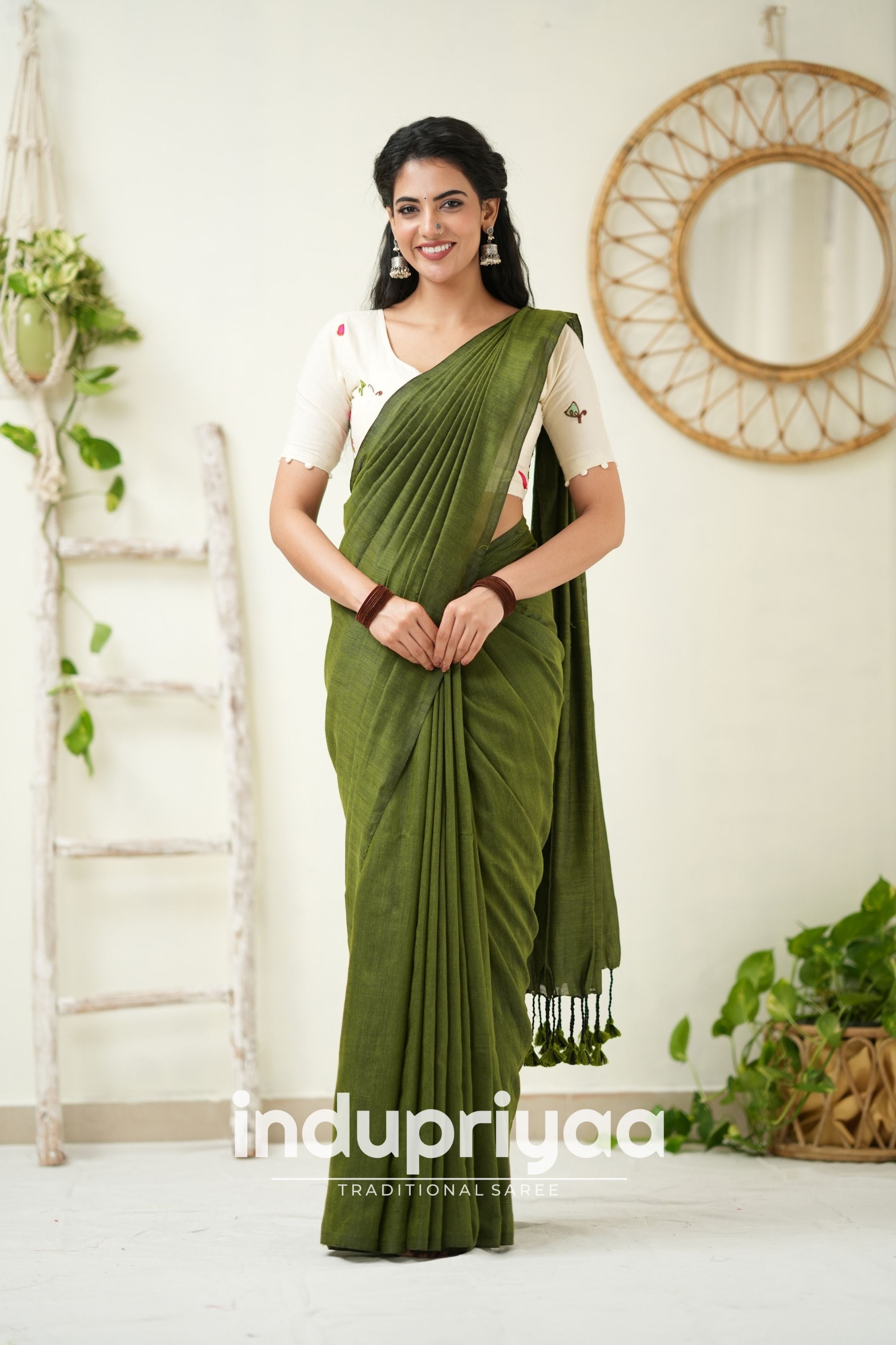 Mehndi Handloom Khadi Cotton Saree With Embrodery Work Redy Made Blouse
