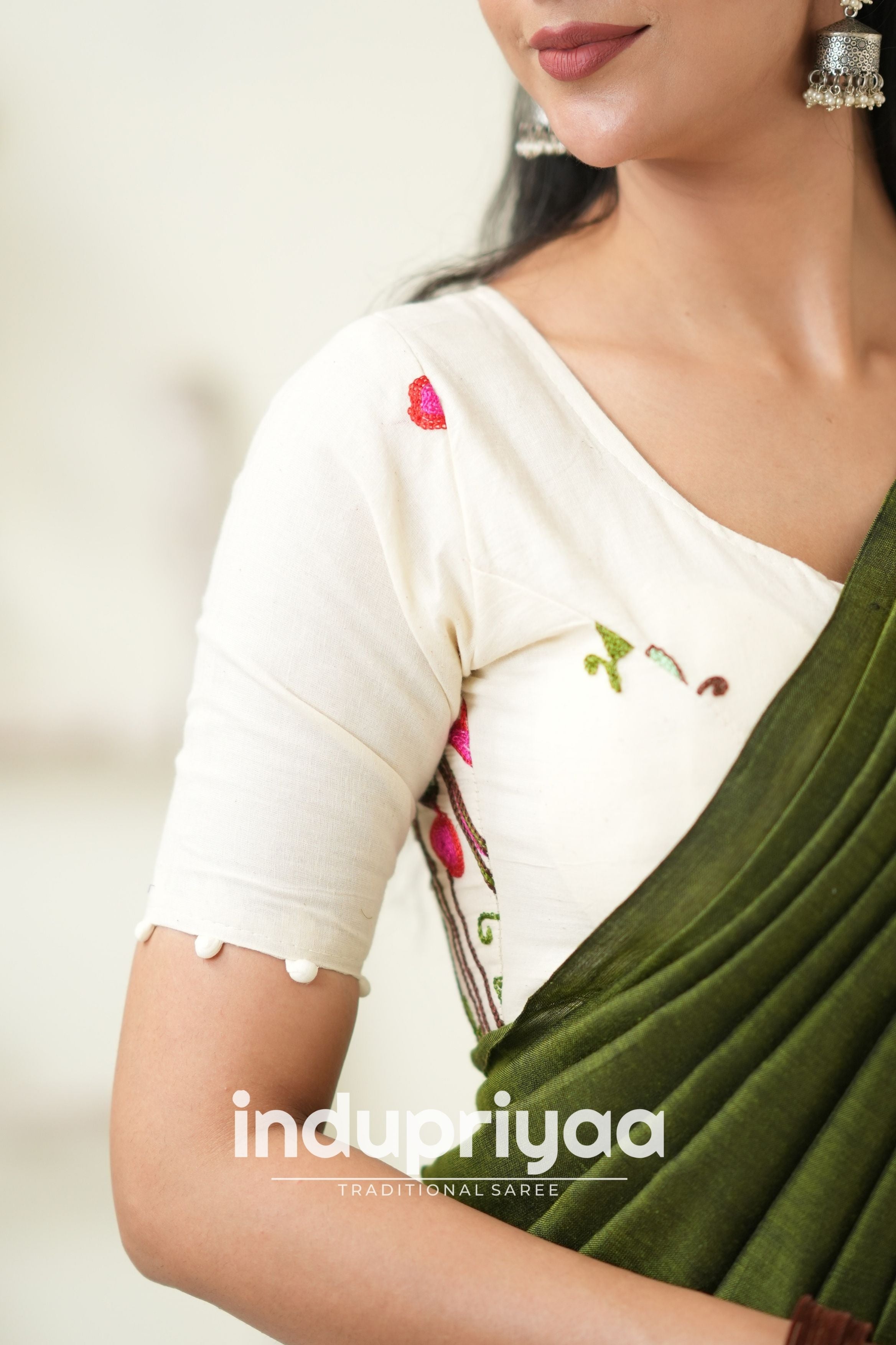 Mehndi Handloom Khadi Cotton Saree With Embrodery Work Redy Made Blouse