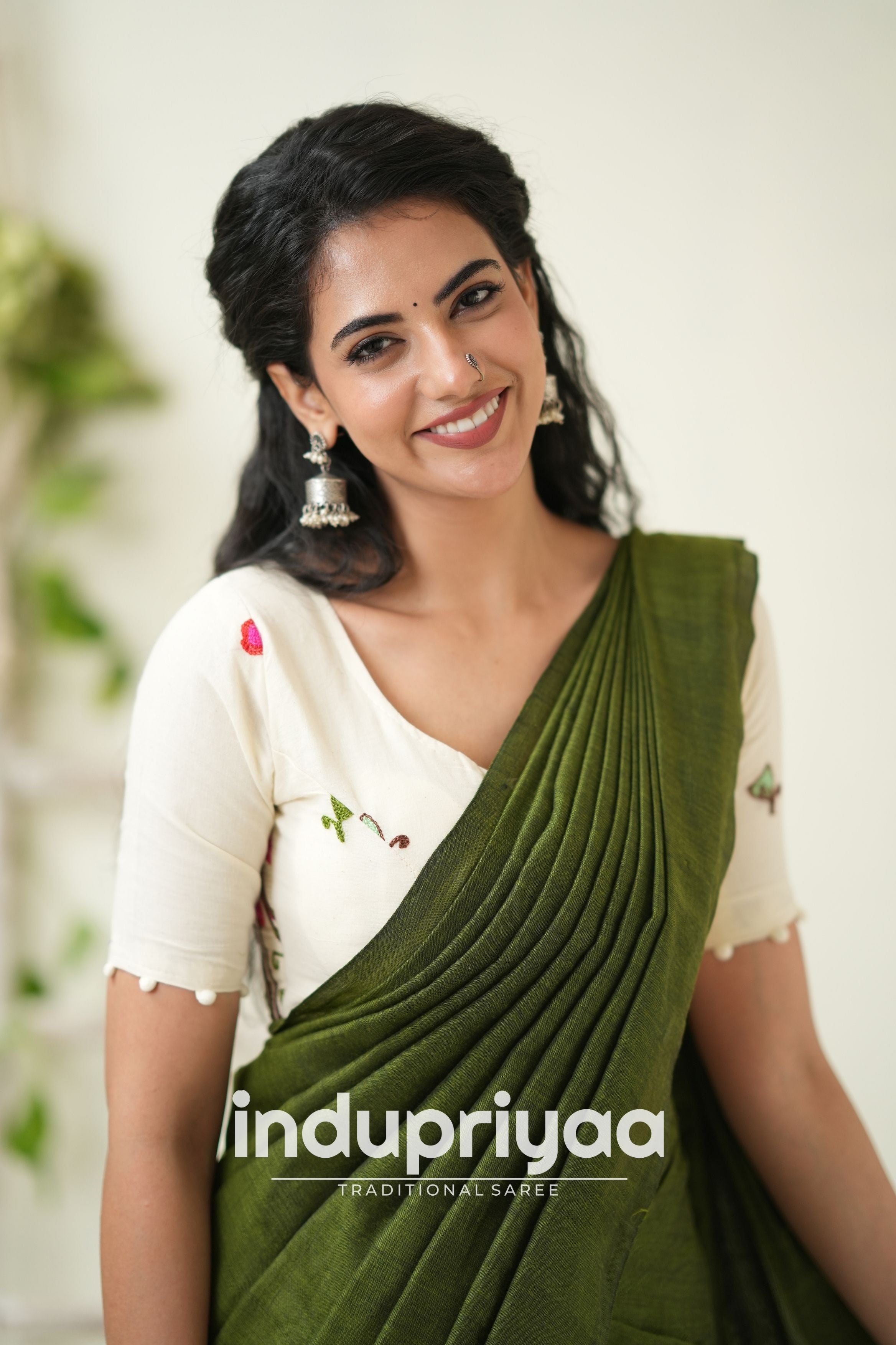 Mehndi Handloom Khadi Cotton Saree With Embrodery Work Redy Made Blouse