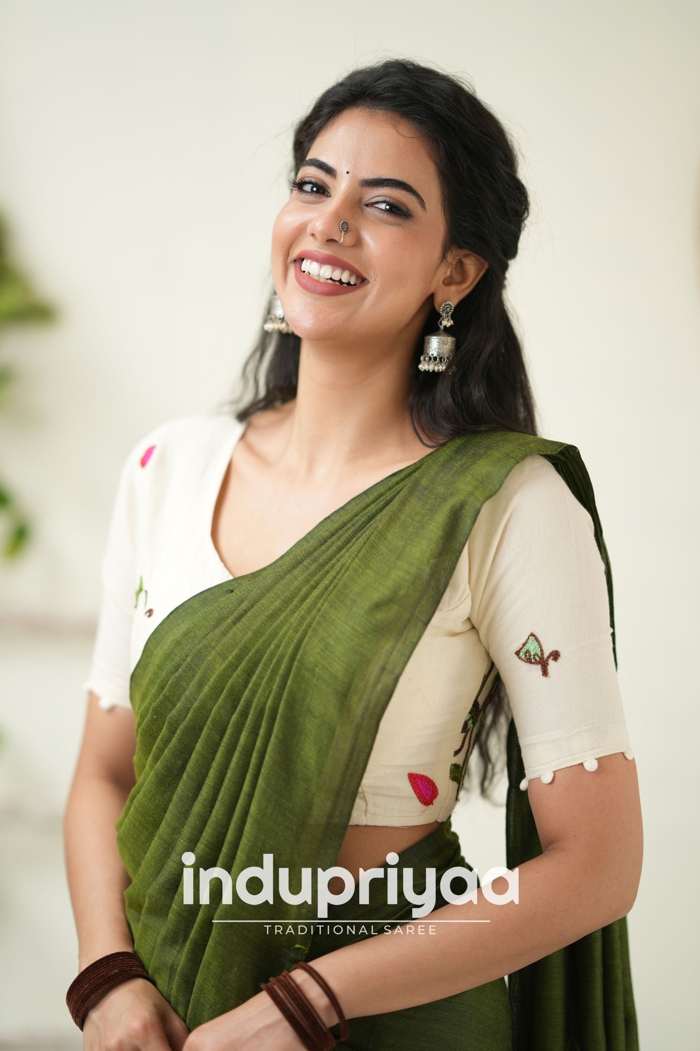 Mehndi Handloom Khadi Cotton Saree With Embrodery Work Redy Made Blouse