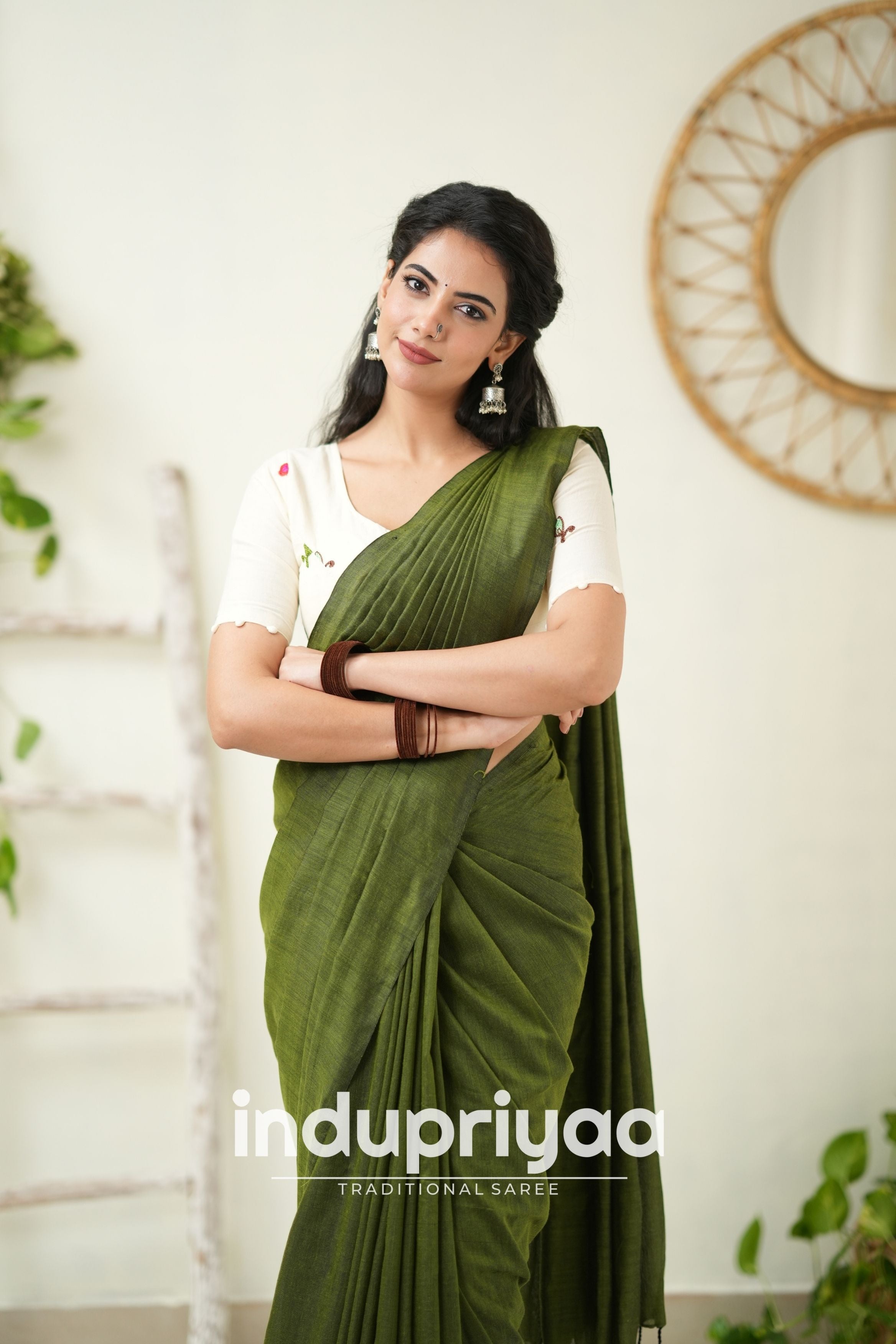 Mehndi Handloom Khadi Cotton Saree With Embrodery Work Redy Made Blouse