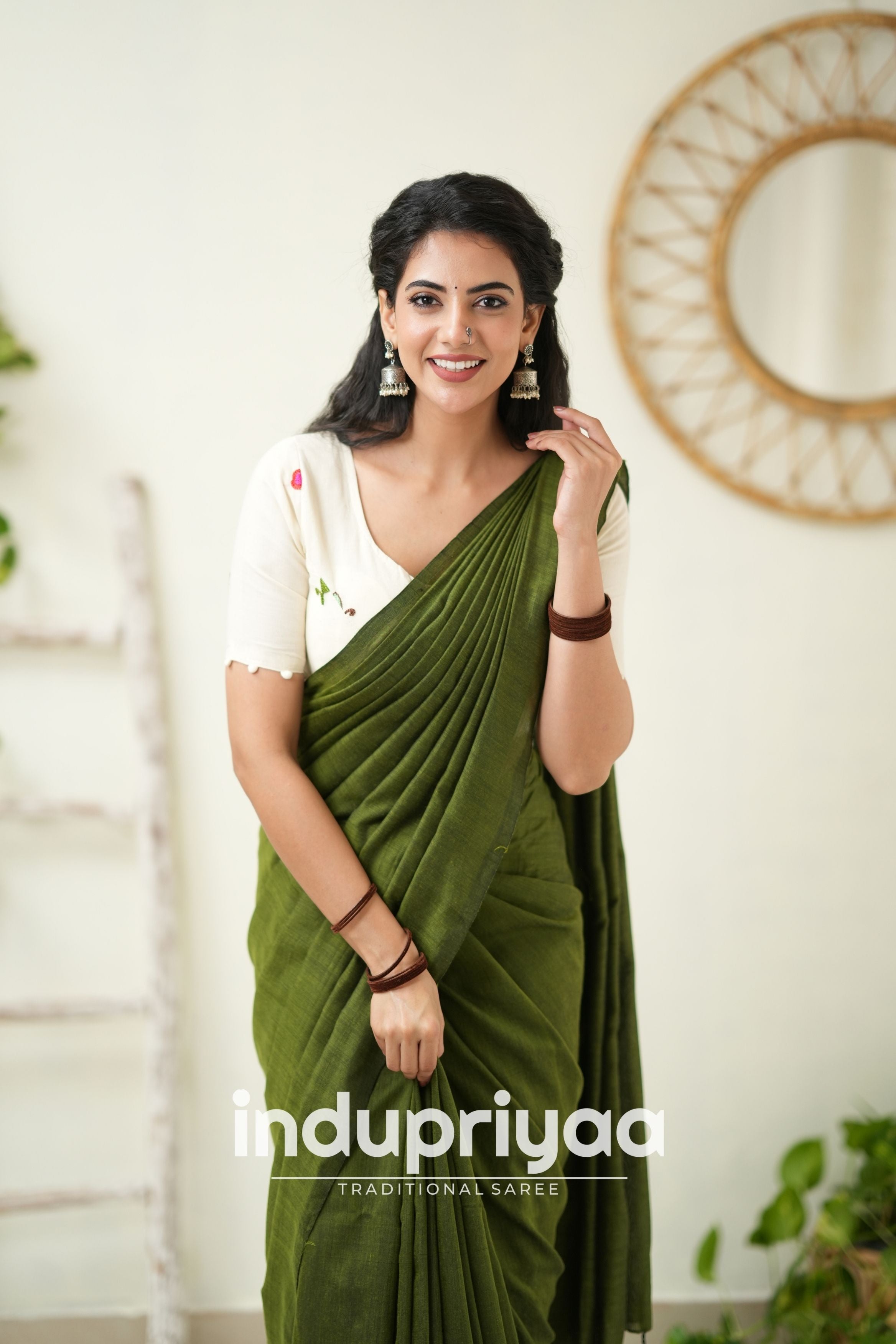 Mehndi Handloom Khadi Cotton Saree With Embrodery Work Redy Made Blouse