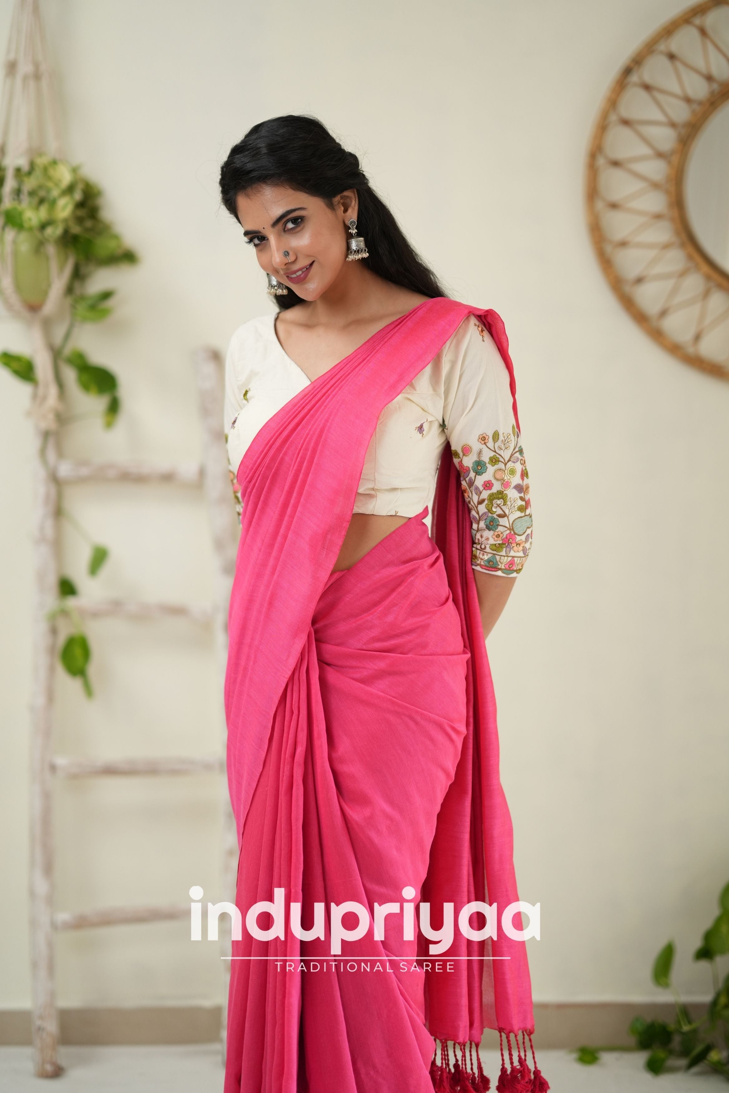 Gajri Handloom Khadi Cotton Saree With Embrodery Work Redy Made Blouse