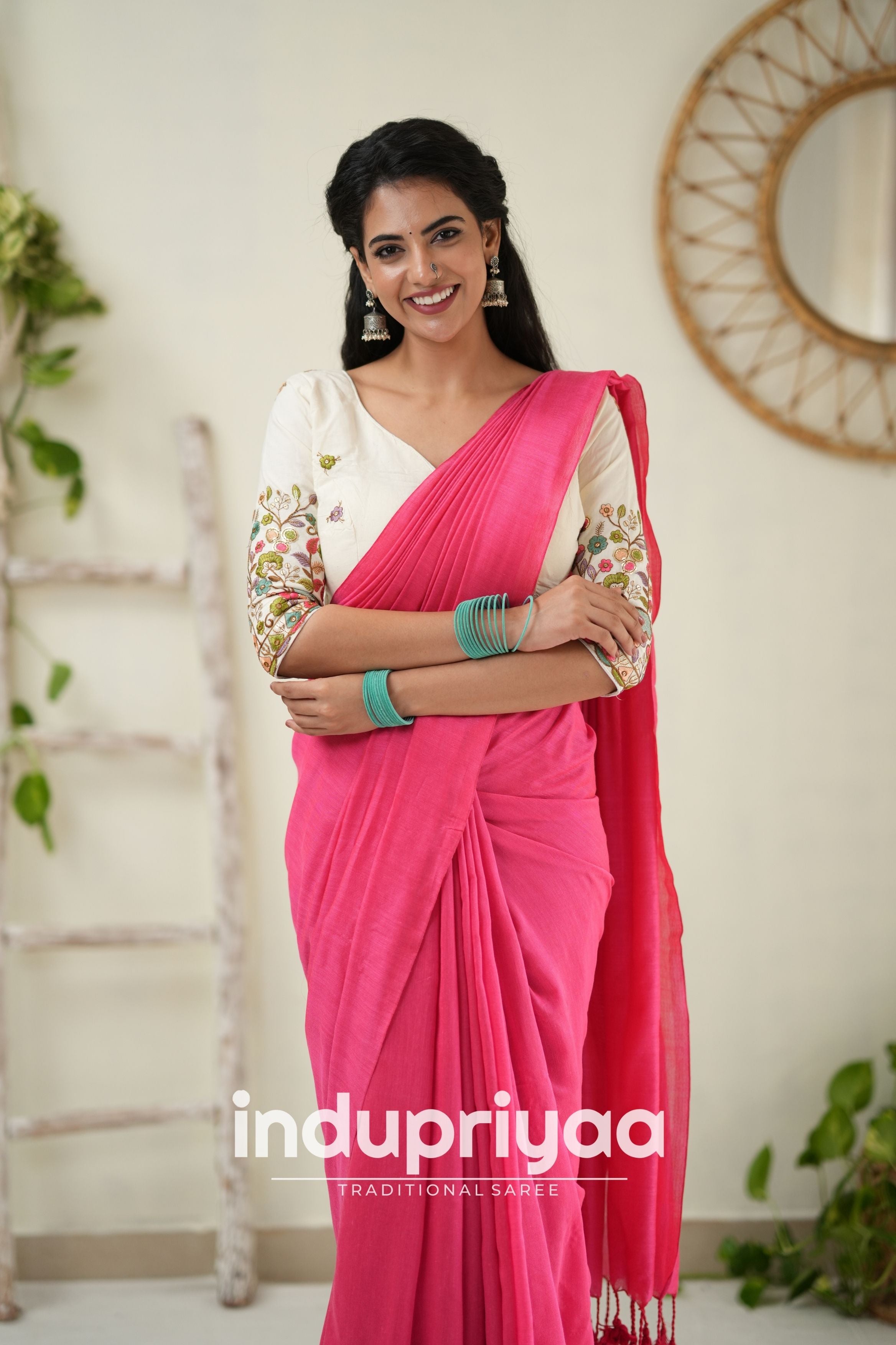 Gajri Handloom Khadi Cotton Saree With Embrodery Work Redy Made Blouse