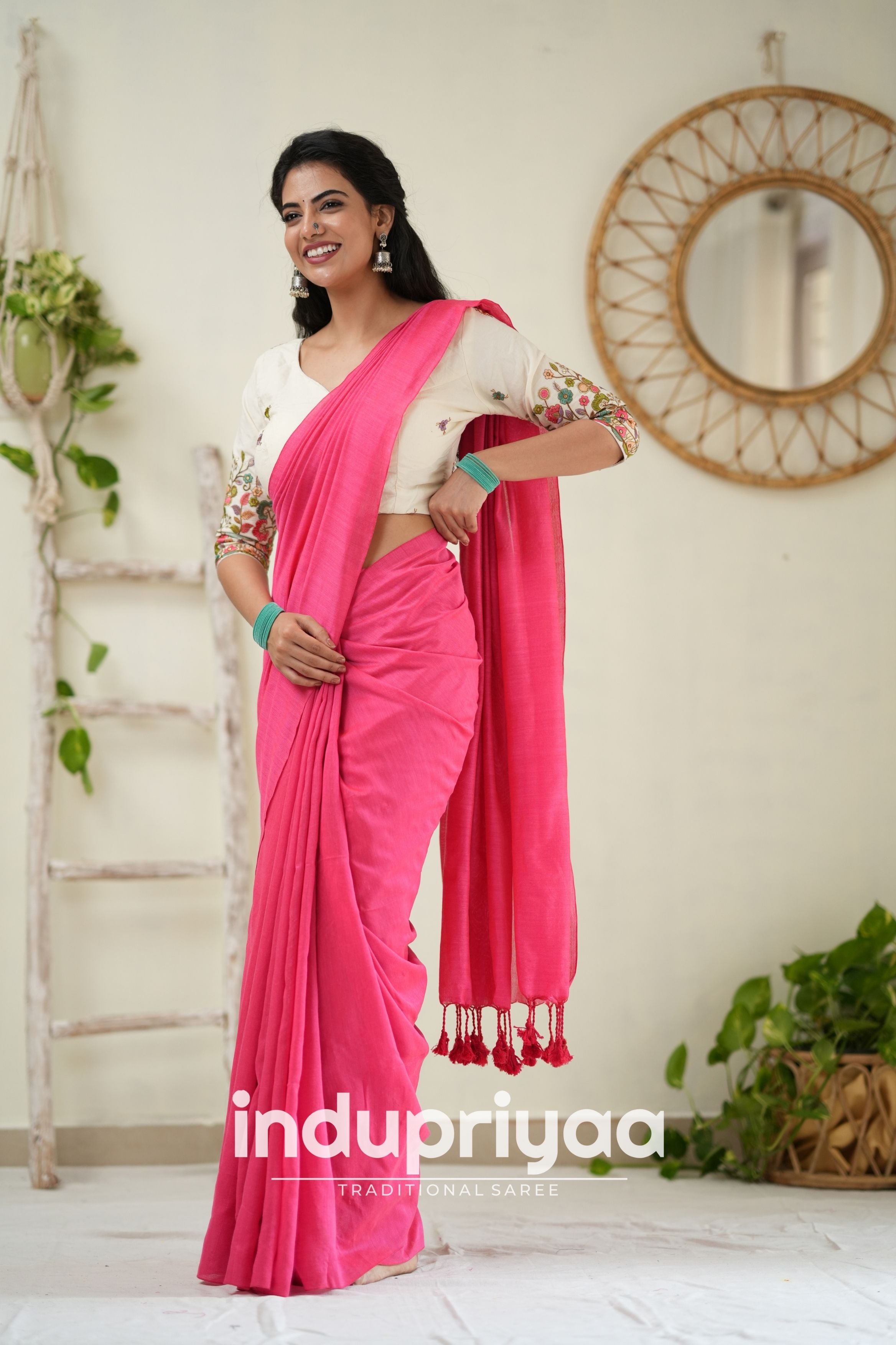 Gajri Handloom Khadi Cotton Saree With Embrodery Work Redy Made Blouse