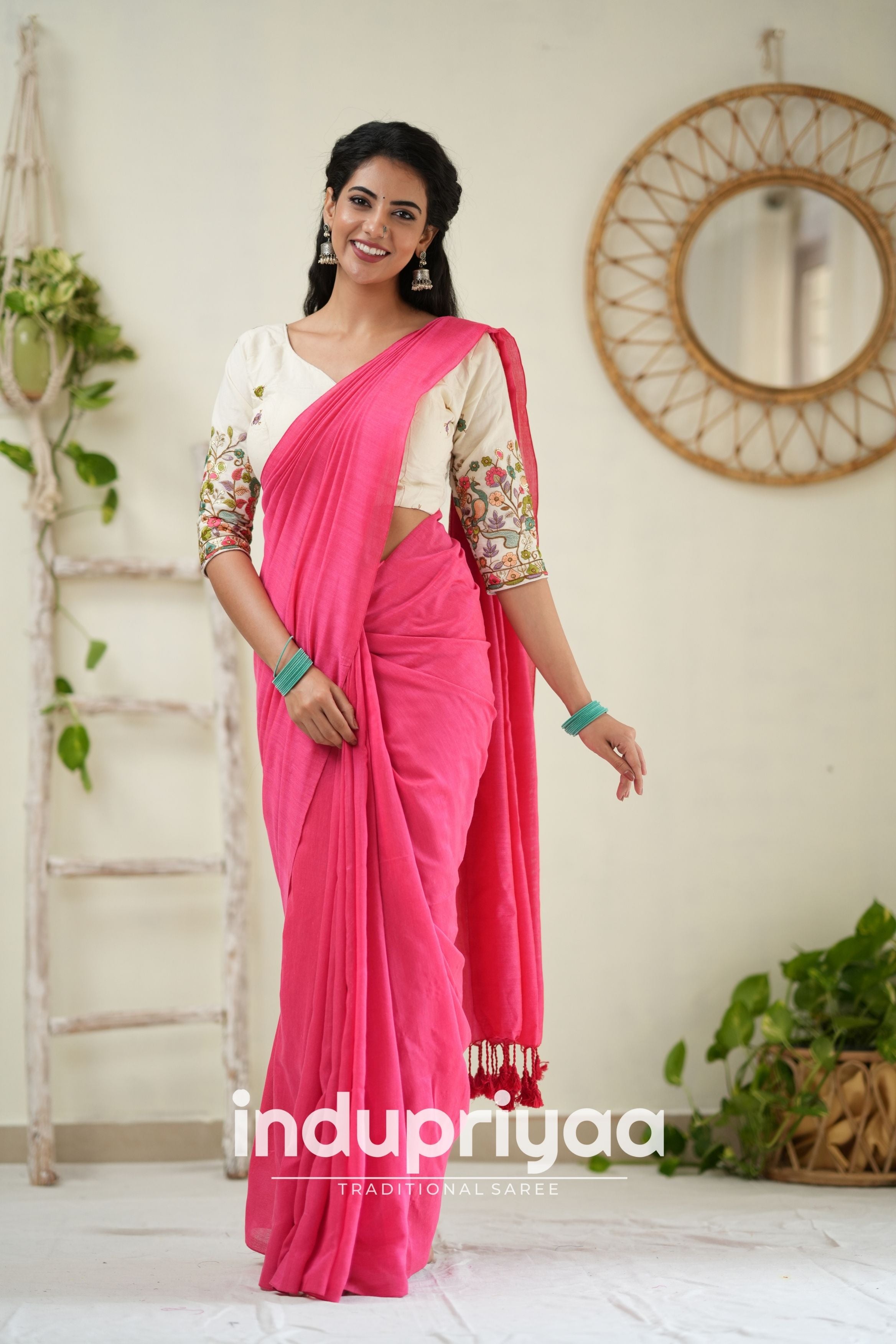 Gajri Handloom Khadi Cotton Saree With Embrodery Work Redy Made Blouse