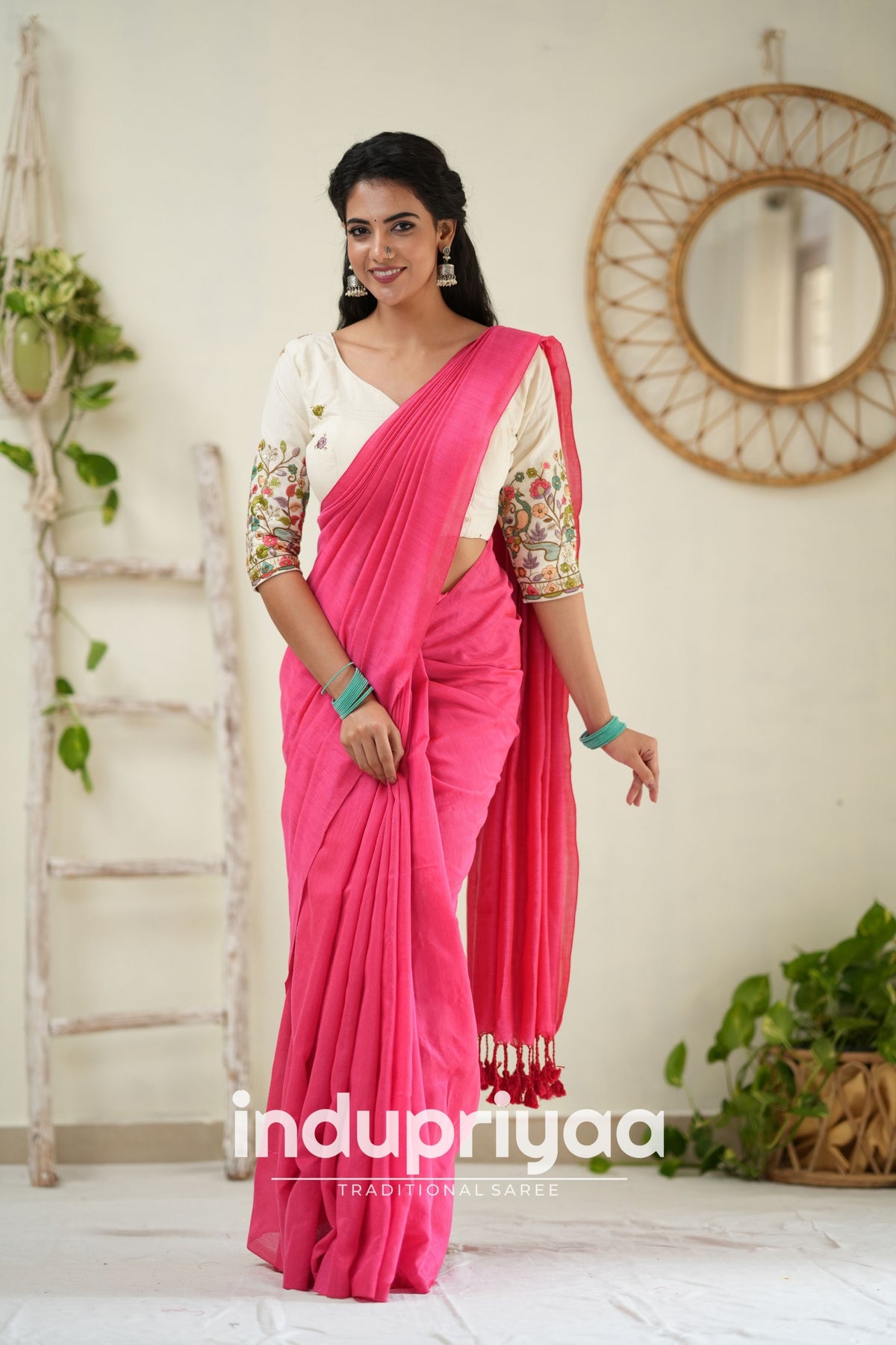 Gajri Handloom Khadi Cotton Saree With Embrodery Work Redy Made Blouse