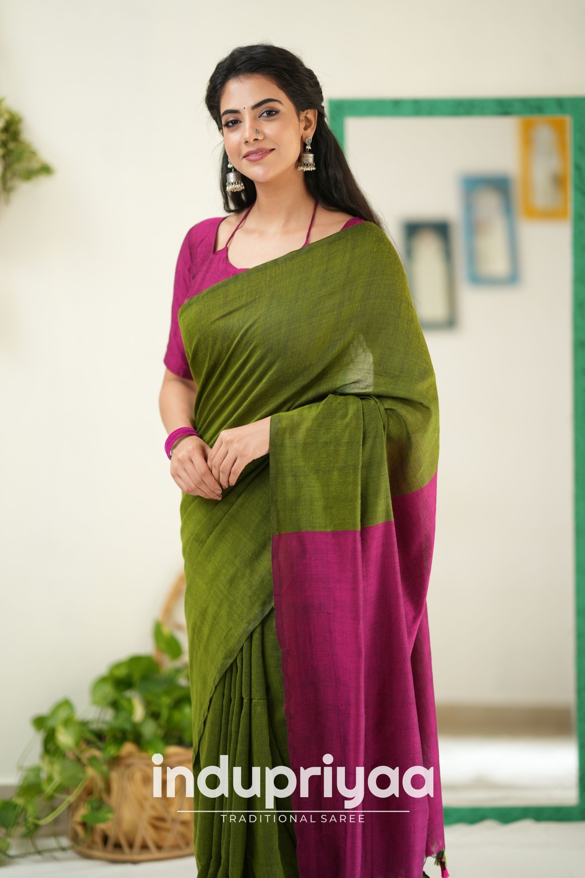 Mehndi Nd Wine Handloom Khadi Cotton Saree