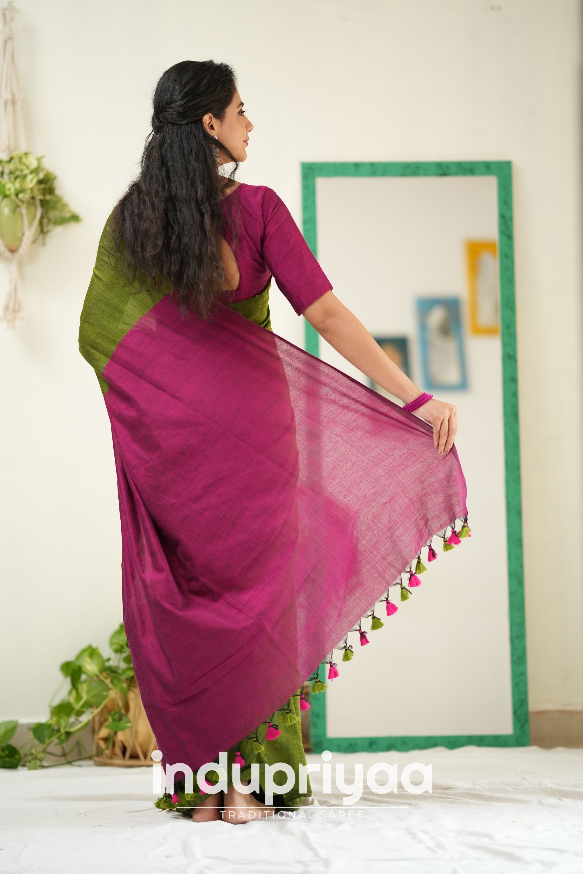 Mehndi Nd Wine Handloom Khadi Cotton Saree