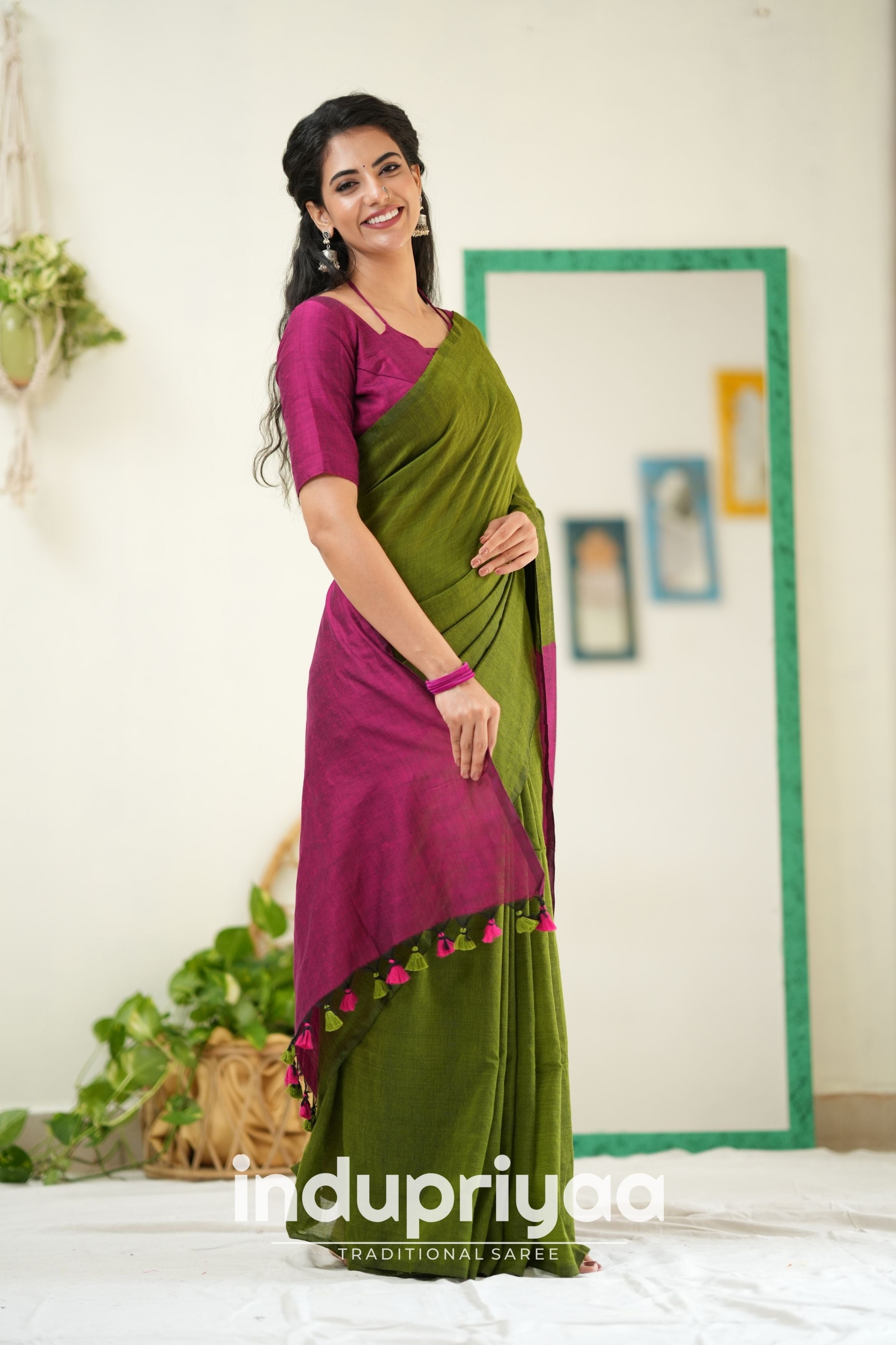 Mehndi Nd Wine Handloom Khadi Cotton Saree