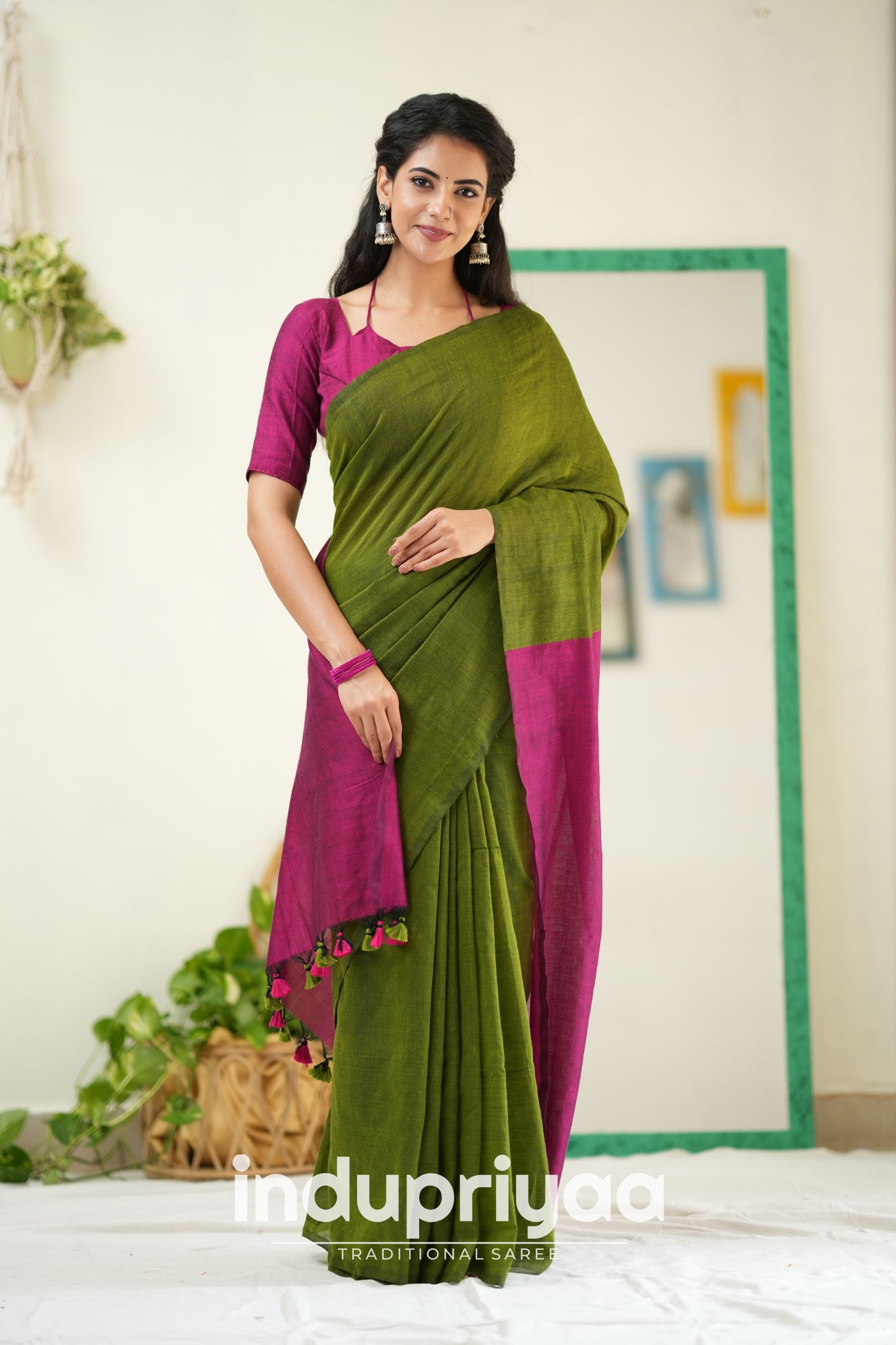Mehndi Nd Wine Handloom Khadi Cotton Saree