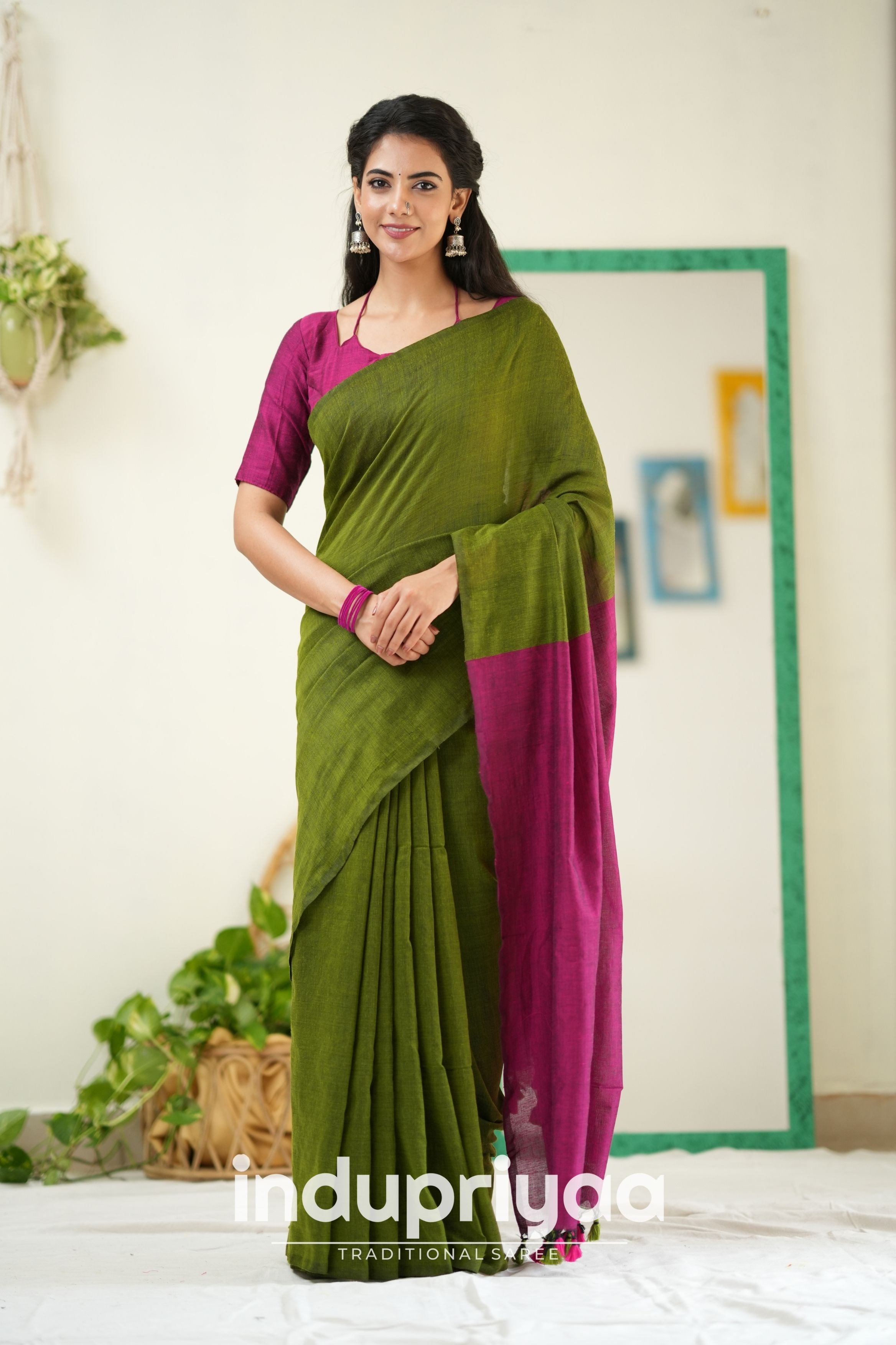Mehndi Nd Wine Handloom Khadi Cotton Saree