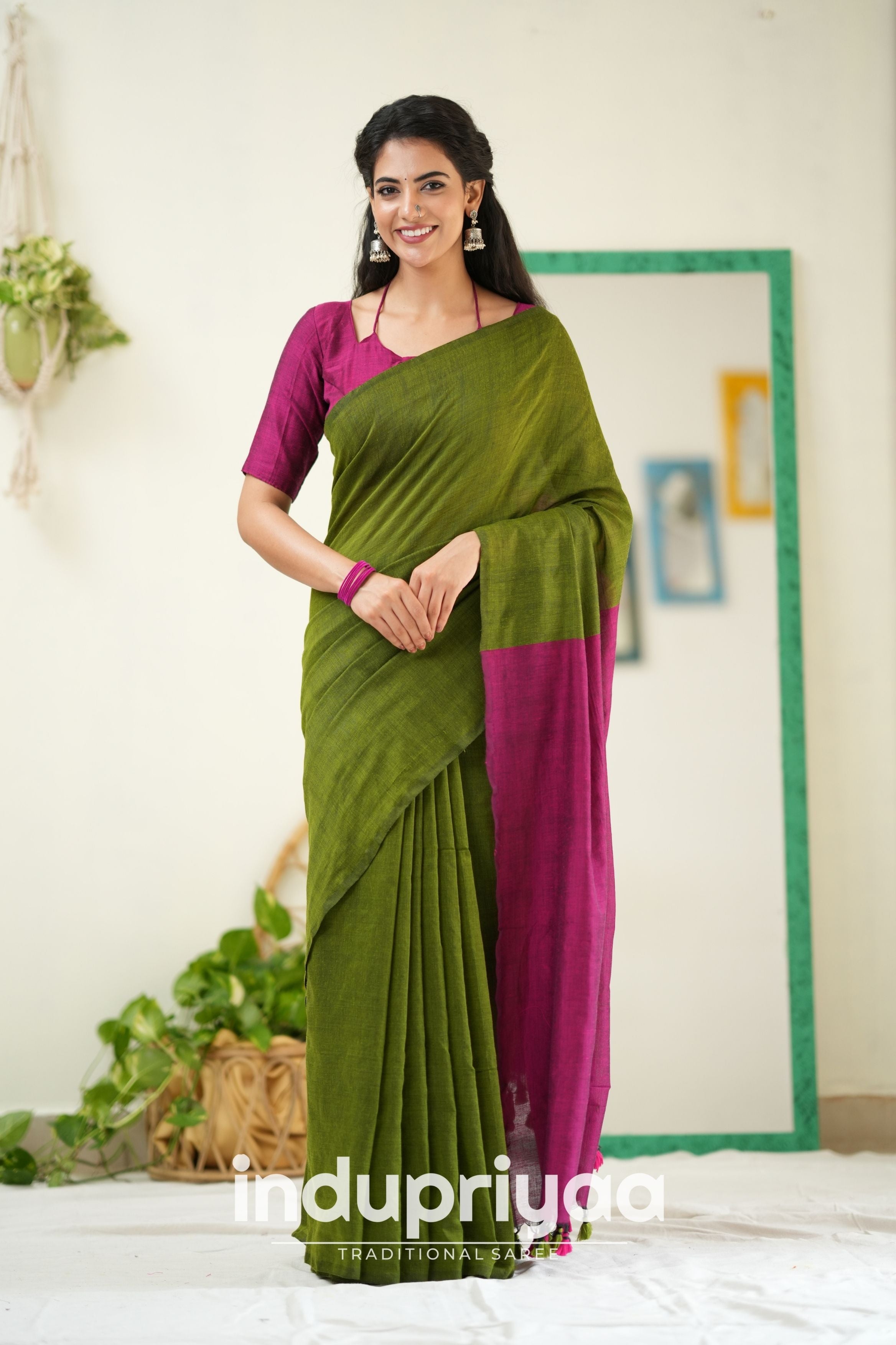 Mehndi Nd Wine Handloom Khadi Cotton Saree