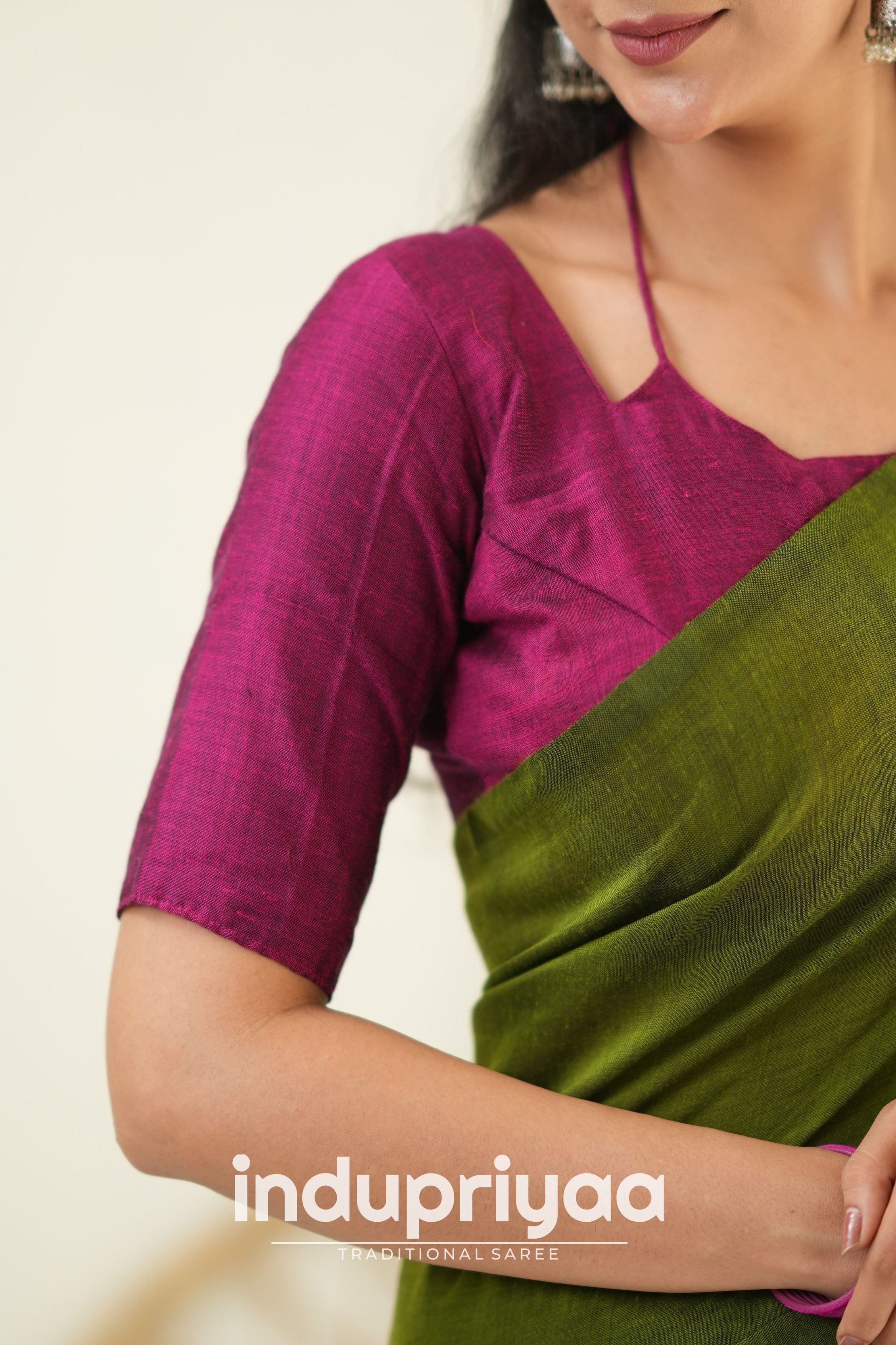 Mehndi Nd Wine Handloom Khadi Cotton Saree