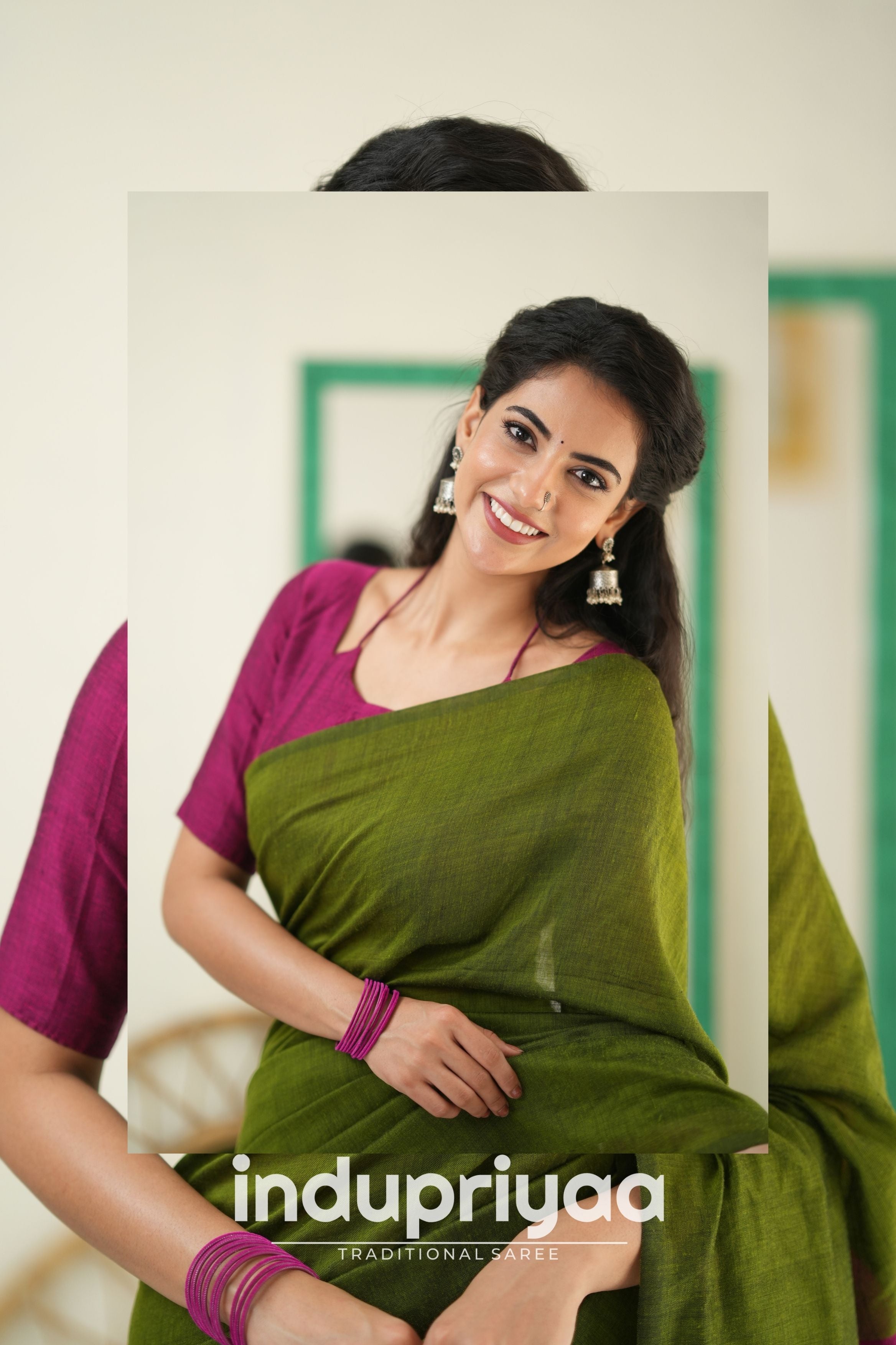 Mehndi Nd Wine Handloom Khadi Cotton Saree