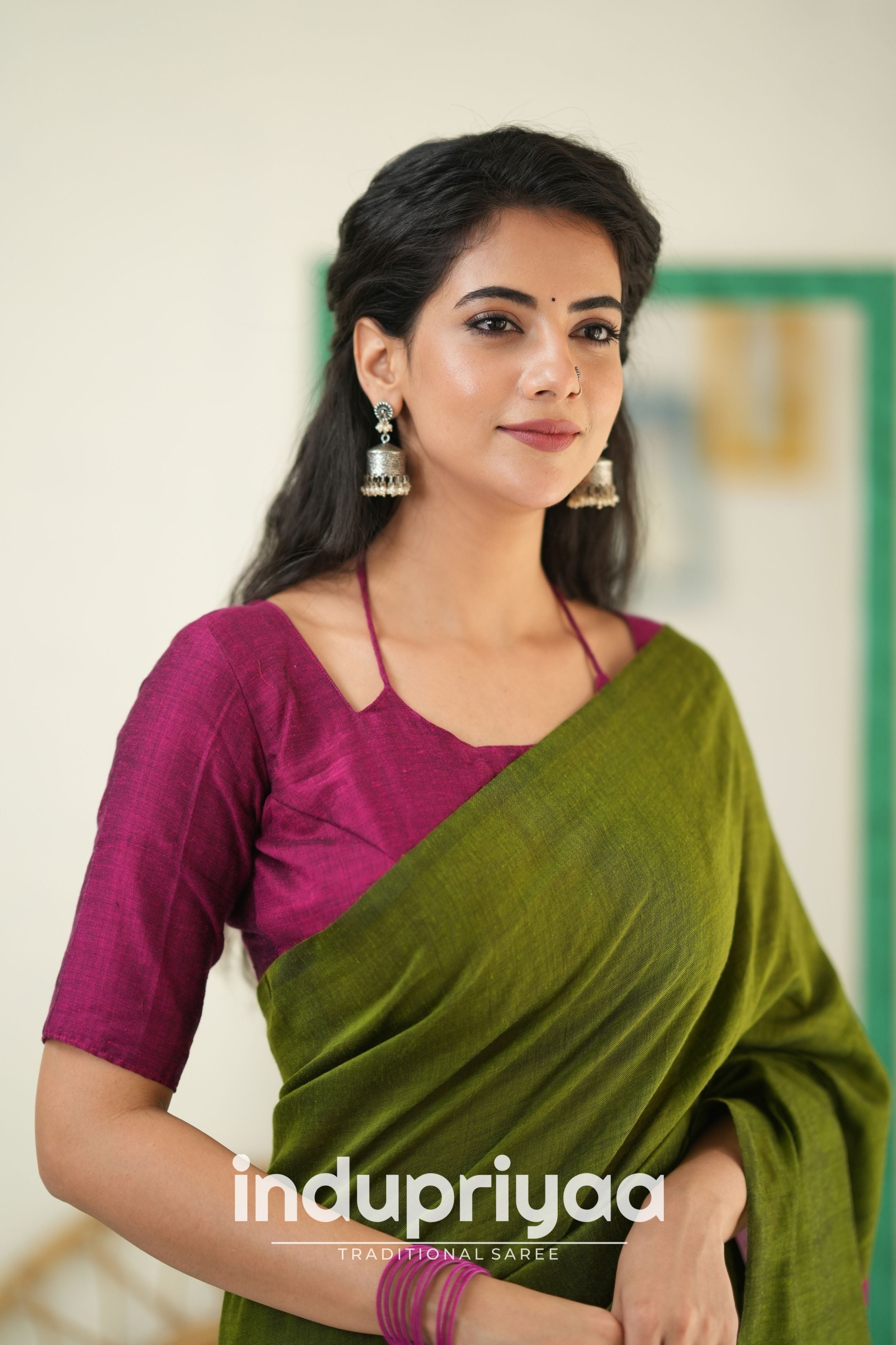 Mehndi Nd Wine Handloom Khadi Cotton Saree