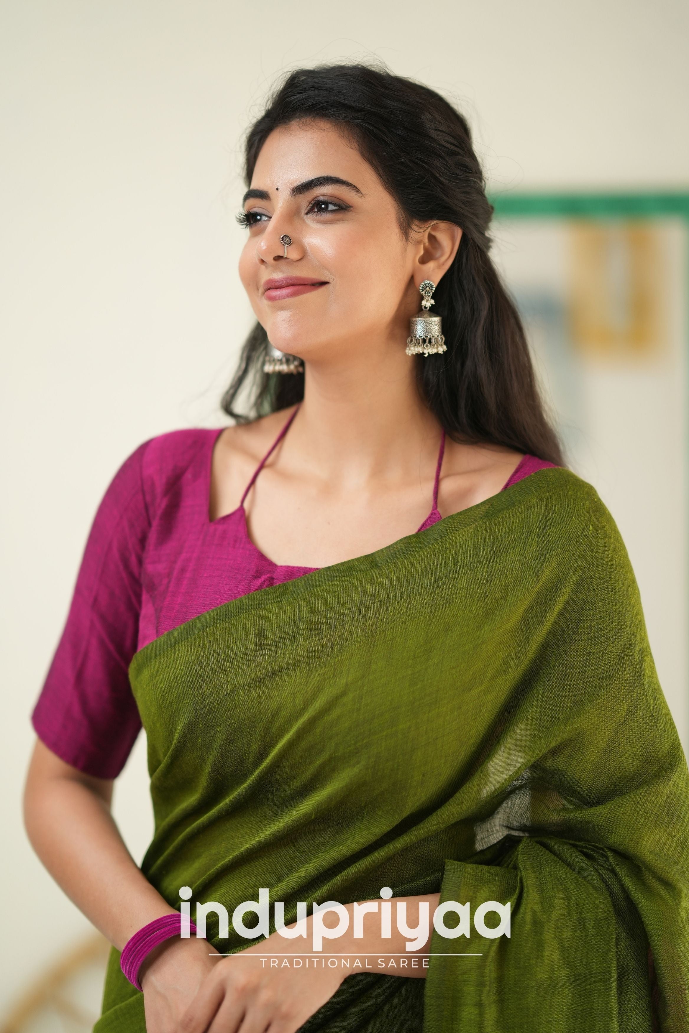 Mehndi Nd Wine Handloom Khadi Cotton Saree