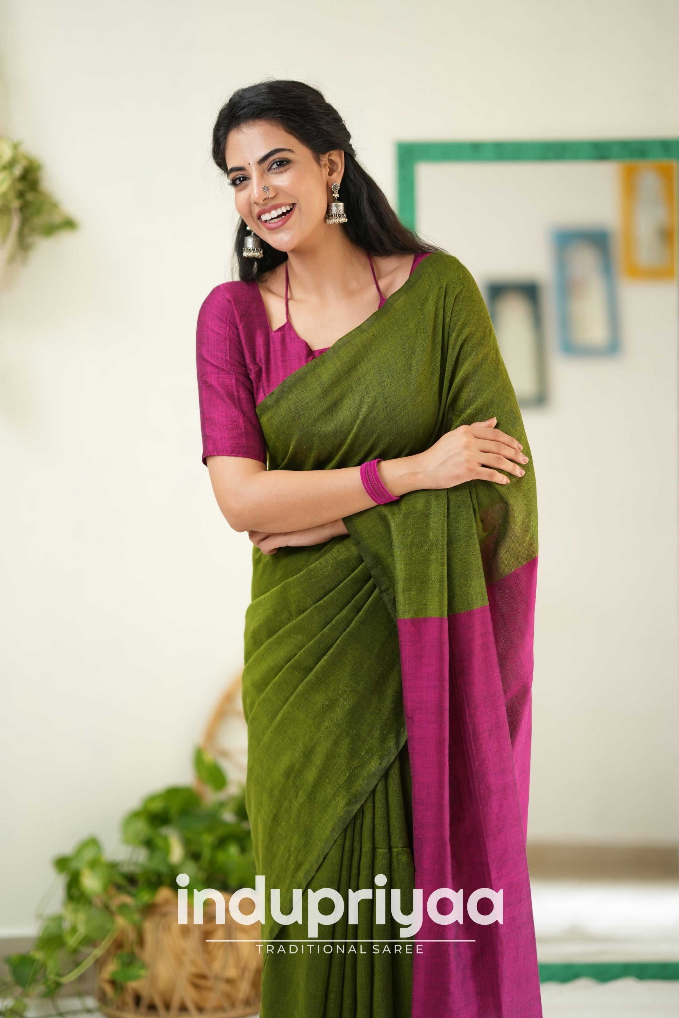 Mehndi Nd Wine Handloom Khadi Cotton Saree