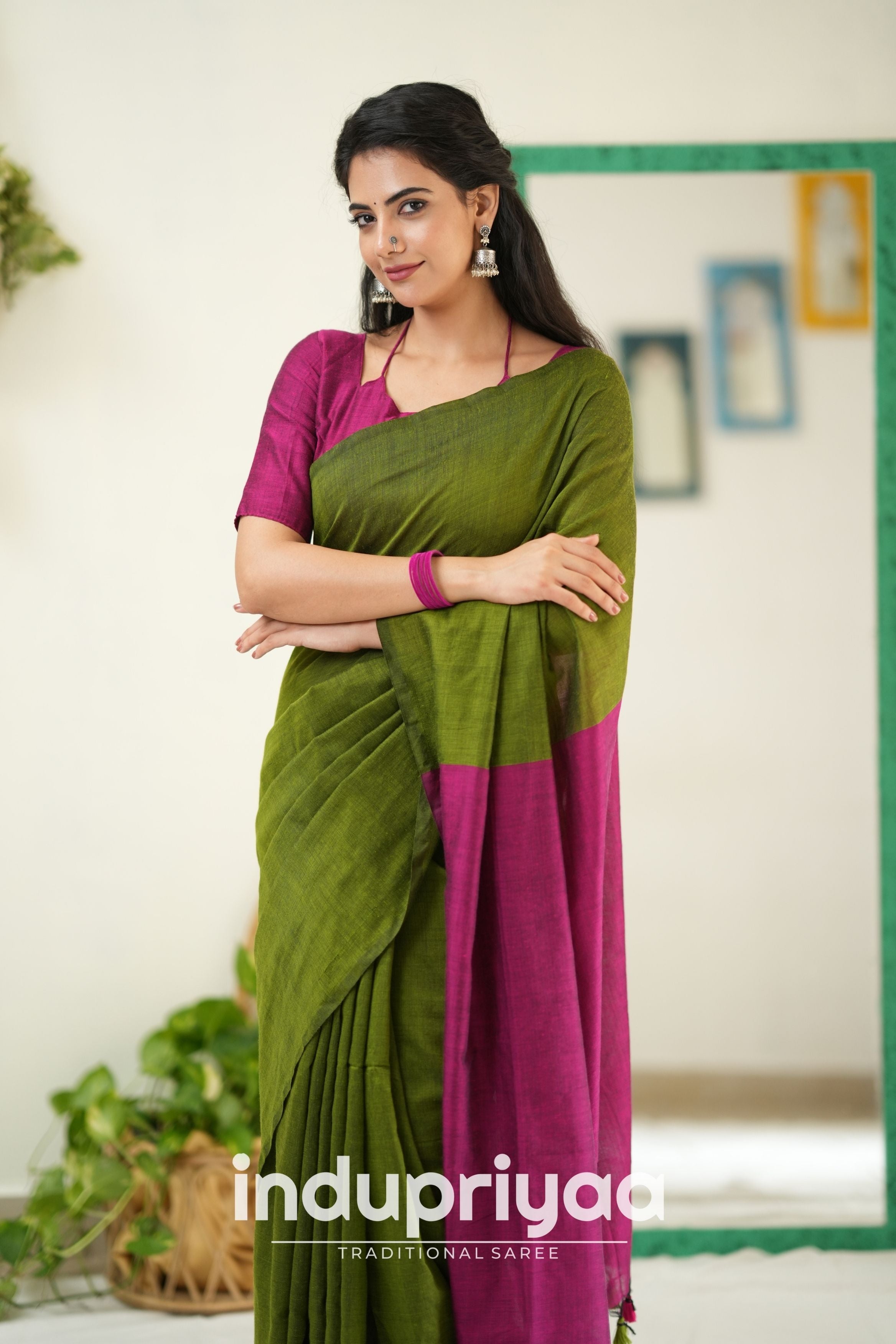 Mehndi Nd Wine Handloom Khadi Cotton Saree