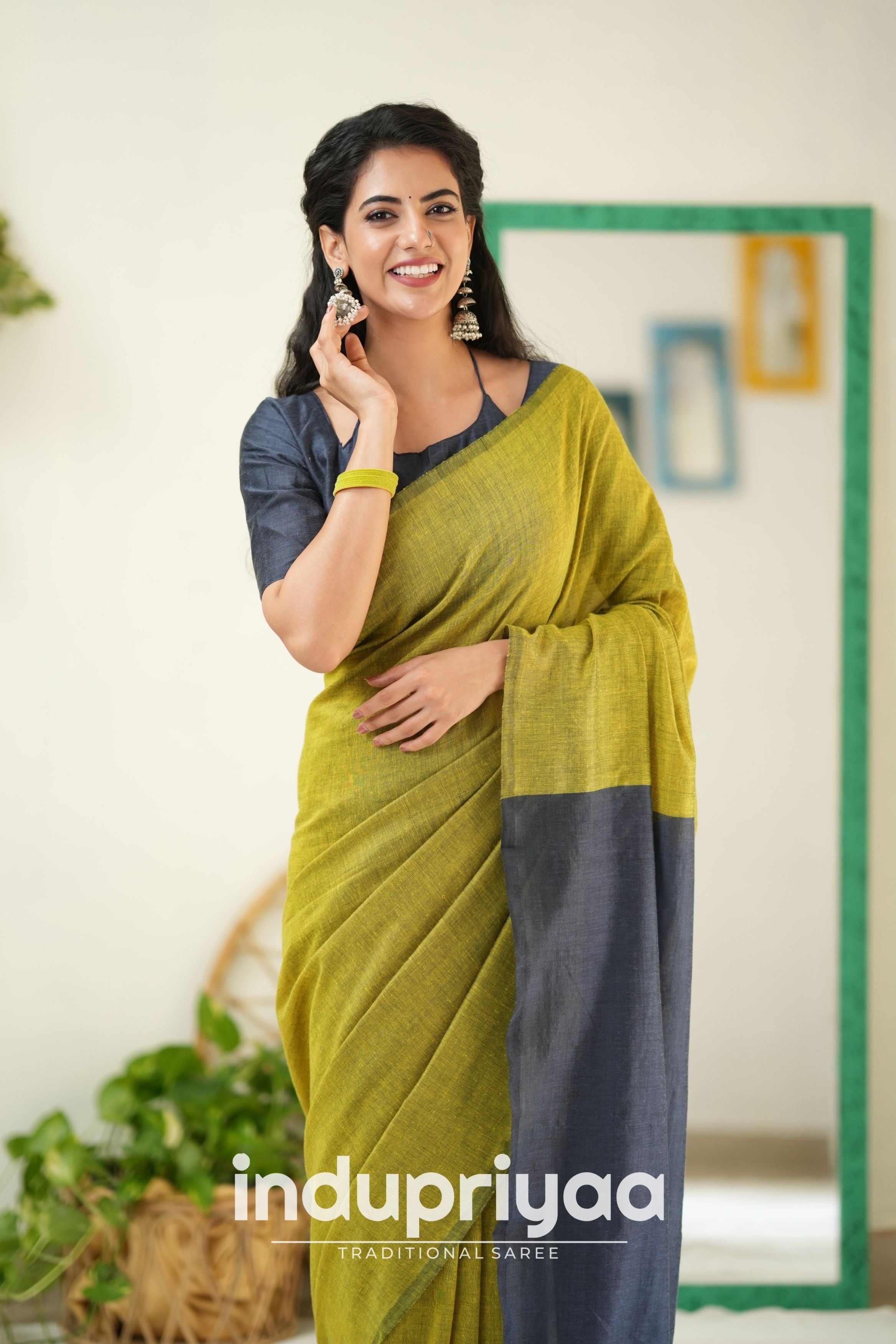 Light Mehndi Nd Dark Grey Handloom Khadi Cotton Saree