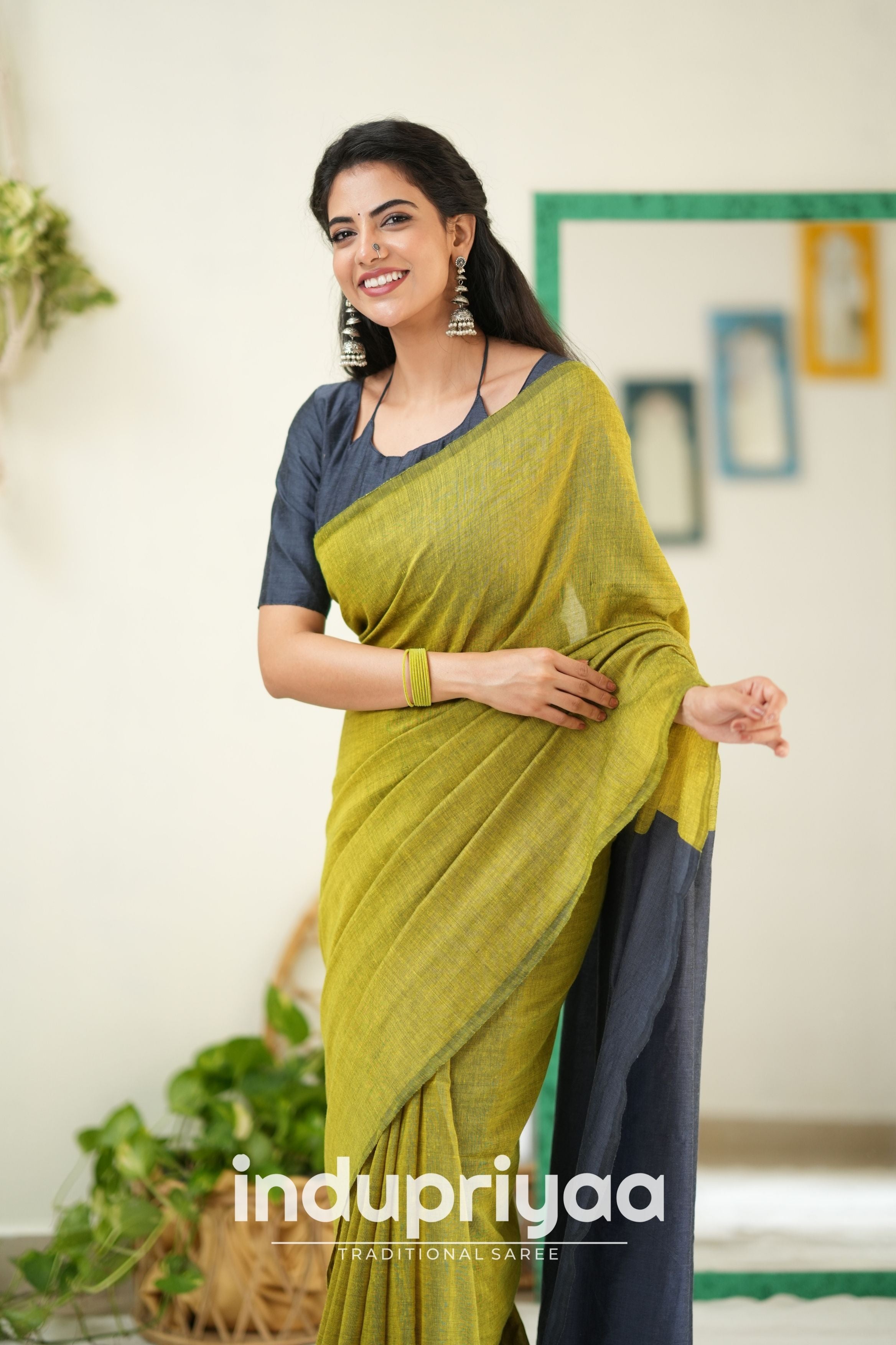 Light Mehndi Nd Dark Grey Handloom Khadi Cotton Saree