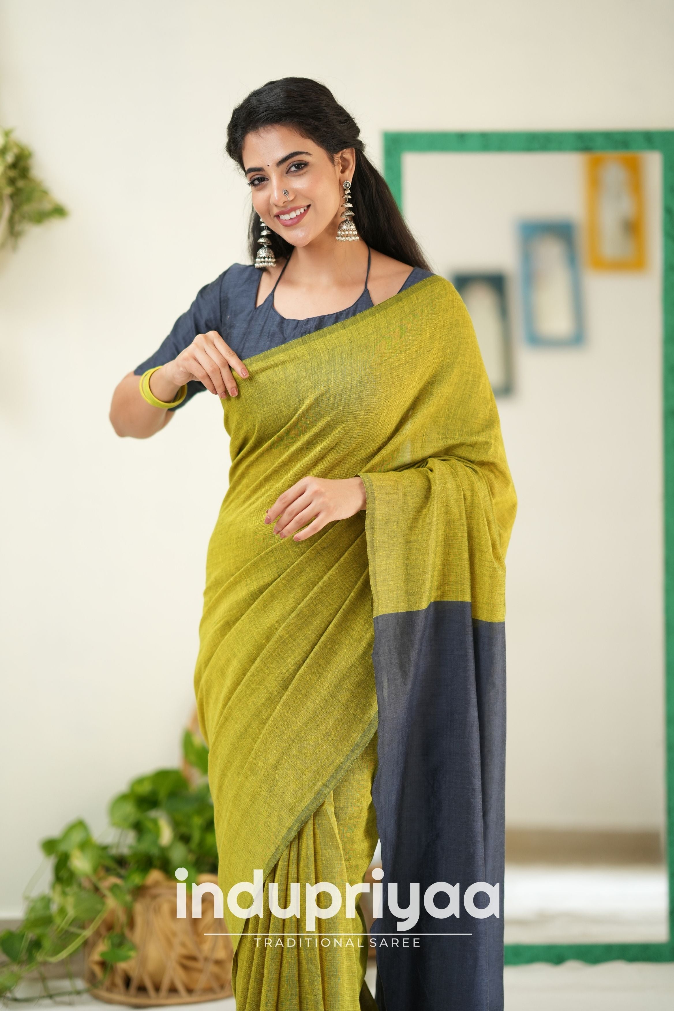 Light Mehndi Nd Dark Grey Handloom Khadi Cotton Saree