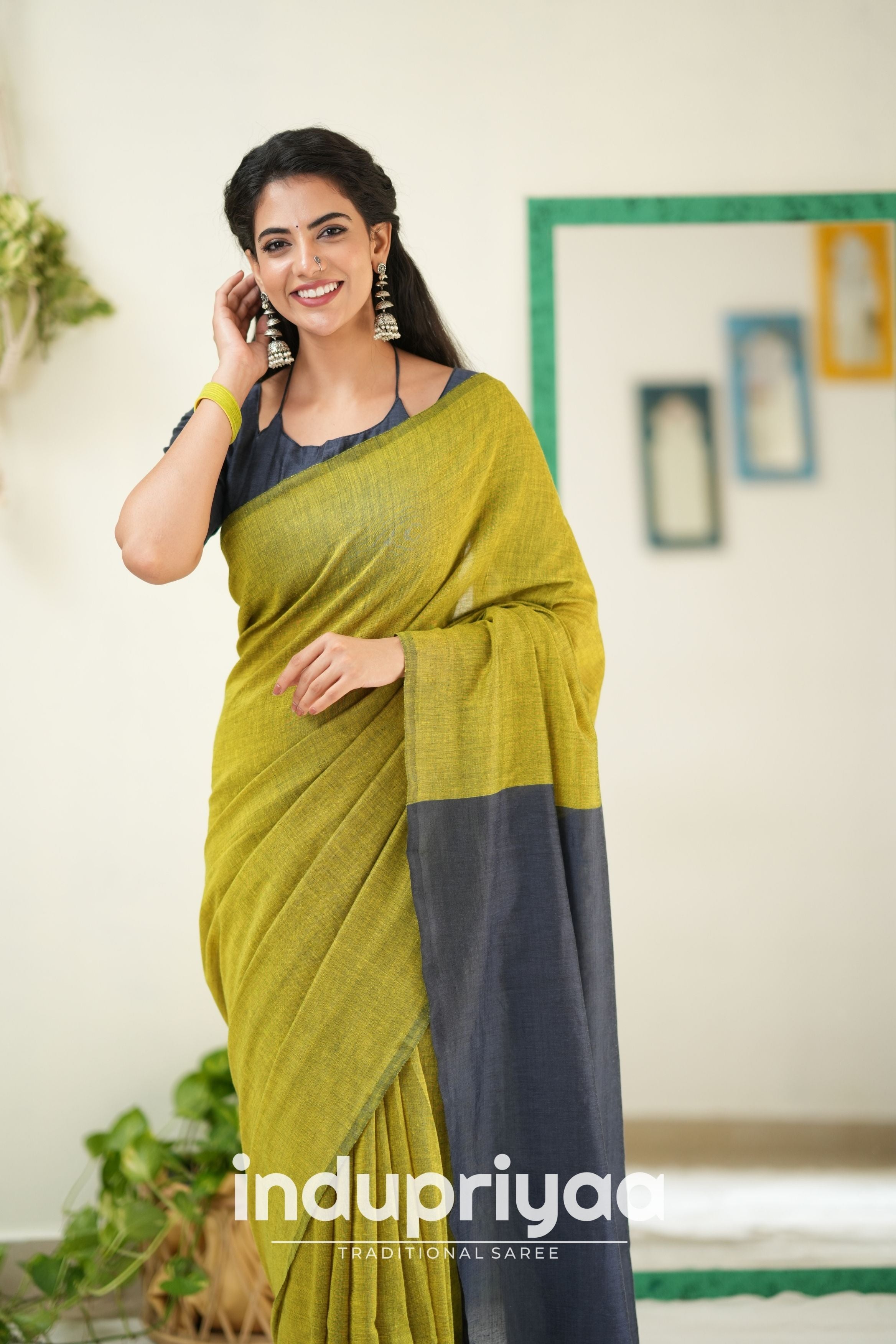 Light Mehndi Nd Dark Grey Handloom Khadi Cotton Saree