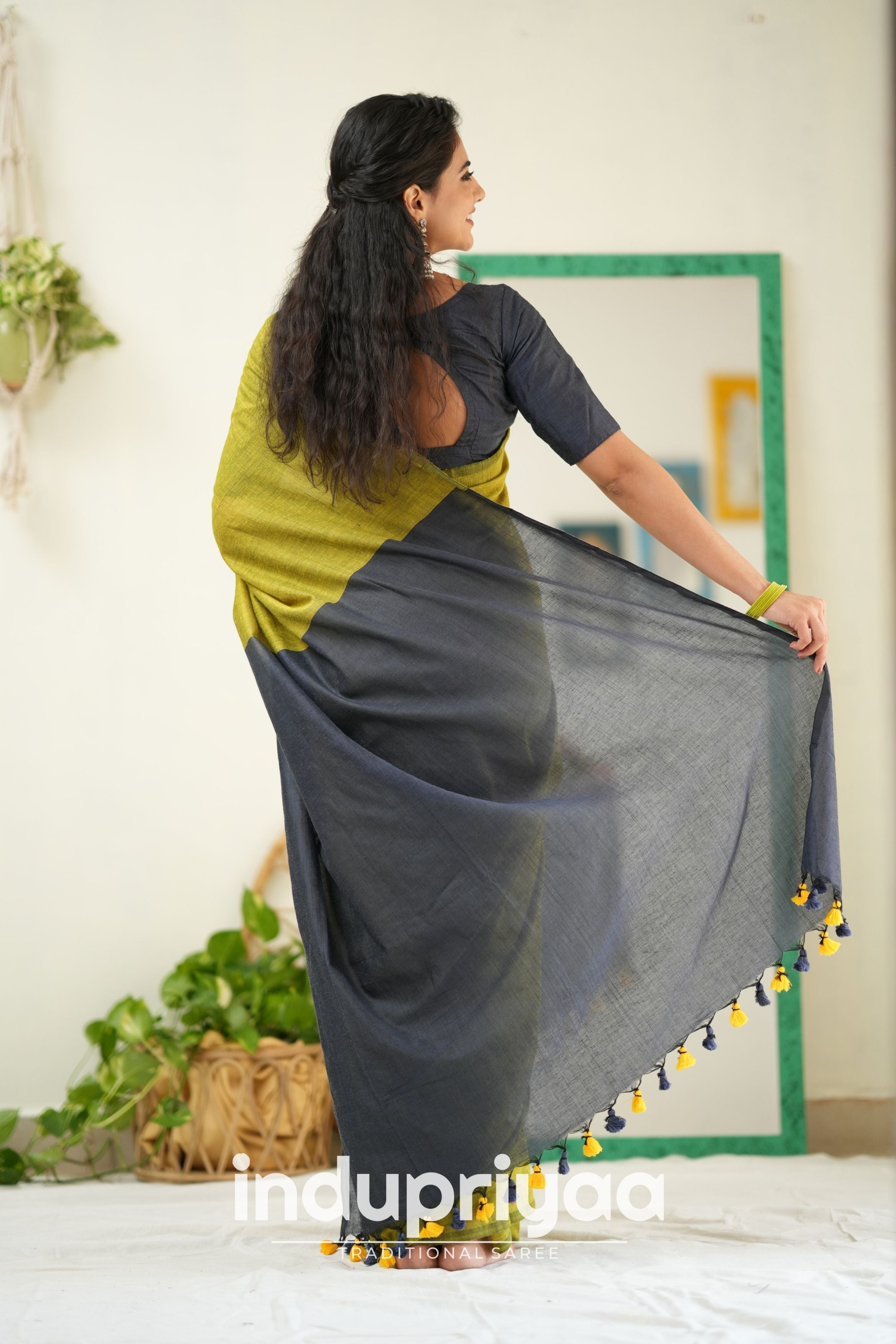 Light Mehndi Nd Dark Grey Handloom Khadi Cotton Saree