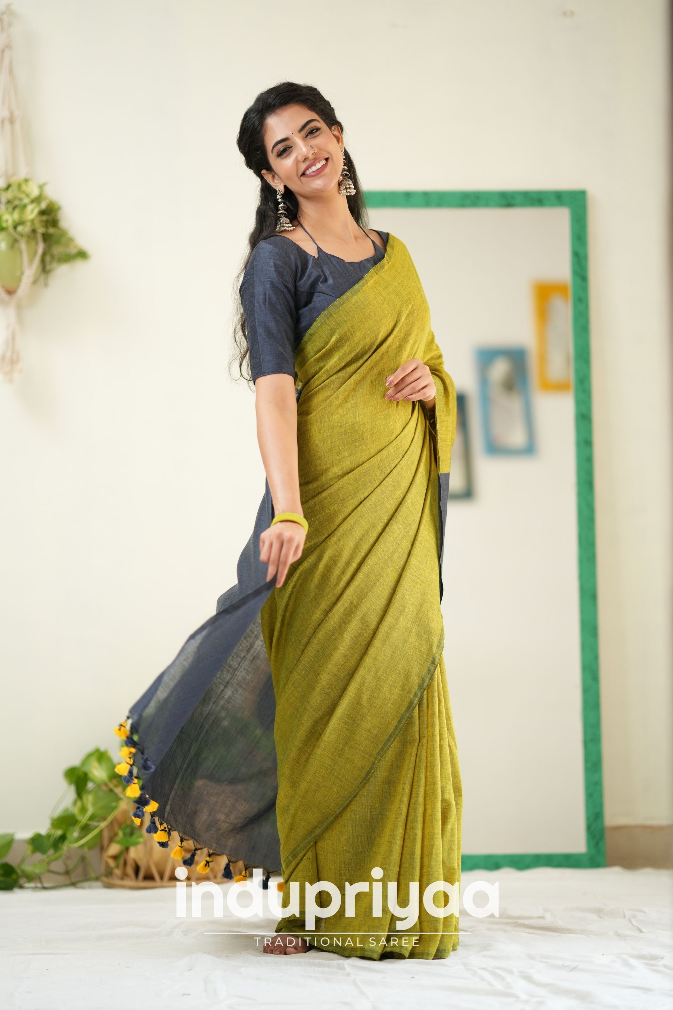 Light Mehndi Nd Dark Grey Handloom Khadi Cotton Saree