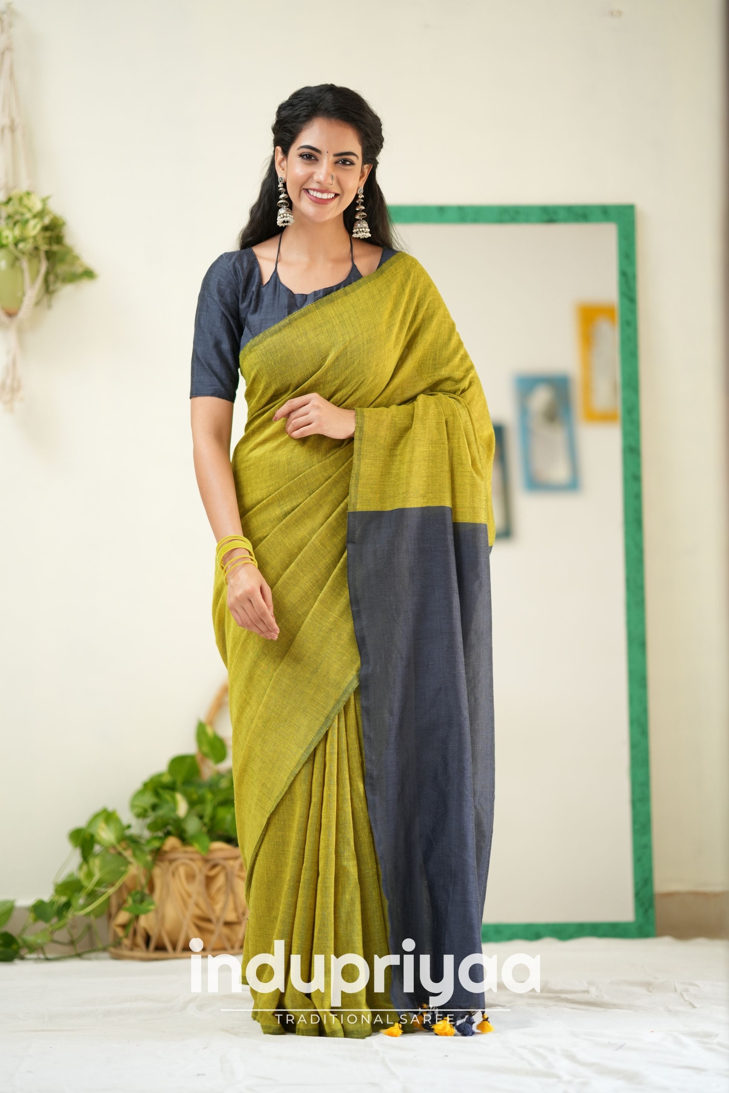 Light Mehndi Nd Dark Grey Handloom Khadi Cotton Saree