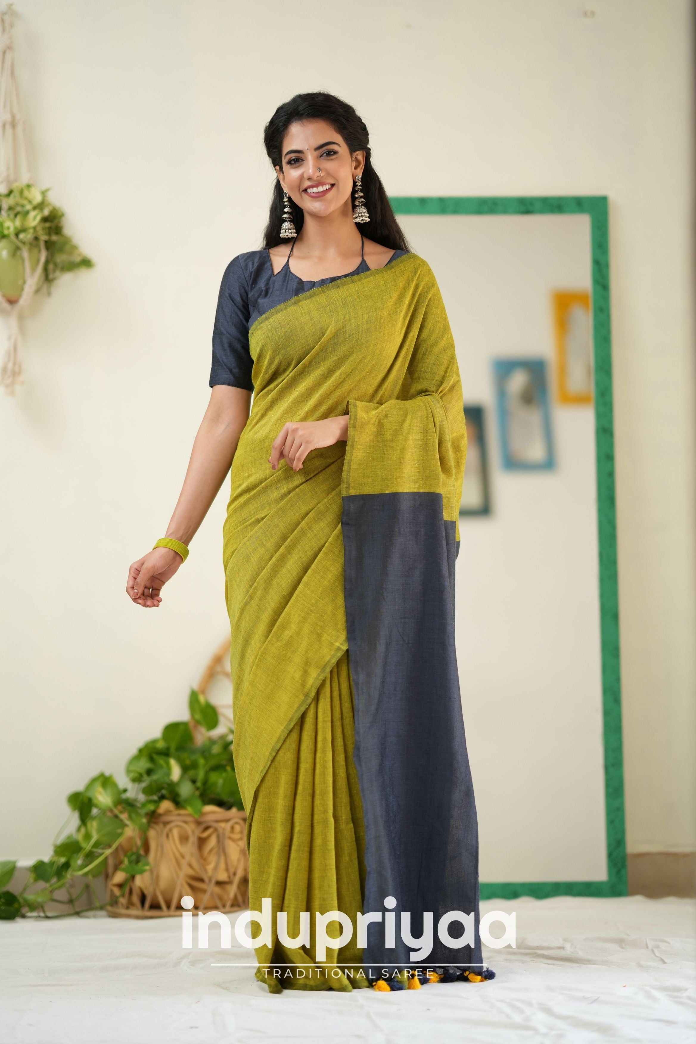 Light Mehndi Nd Dark Grey Handloom Khadi Cotton Saree