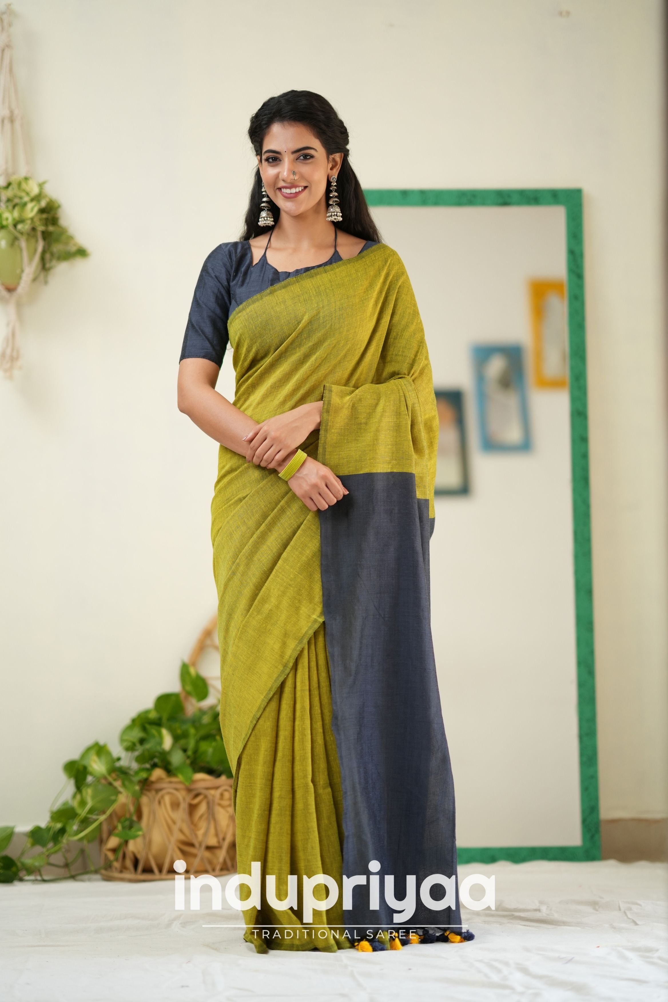Light Mehndi Nd Dark Grey Handloom Khadi Cotton Saree