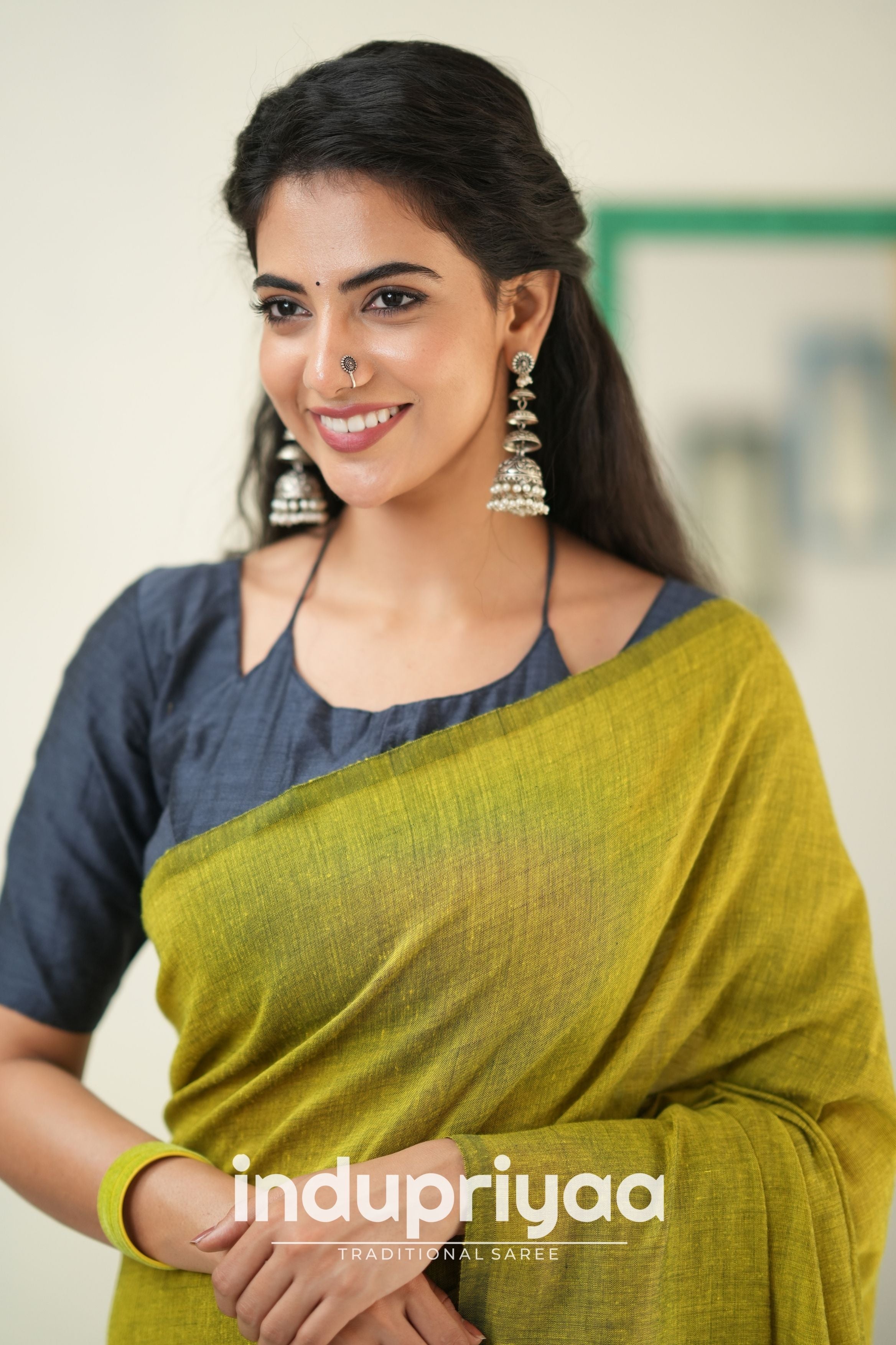 Light Mehndi Nd Dark Grey Handloom Khadi Cotton Saree
