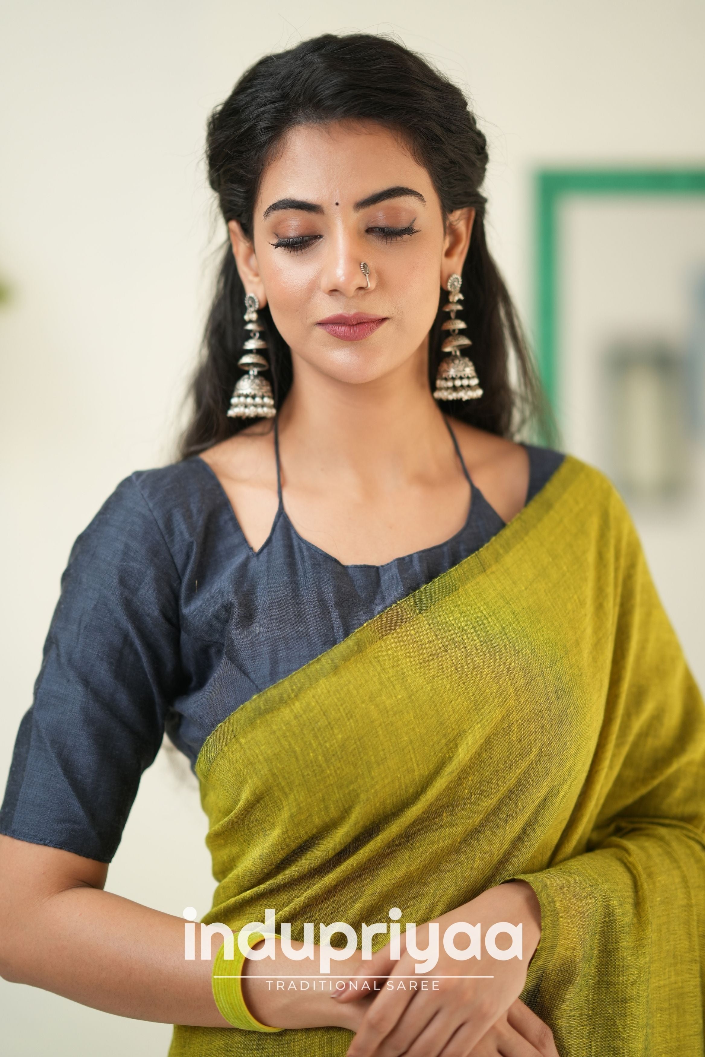 Light Mehndi Nd Dark Grey Handloom Khadi Cotton Saree