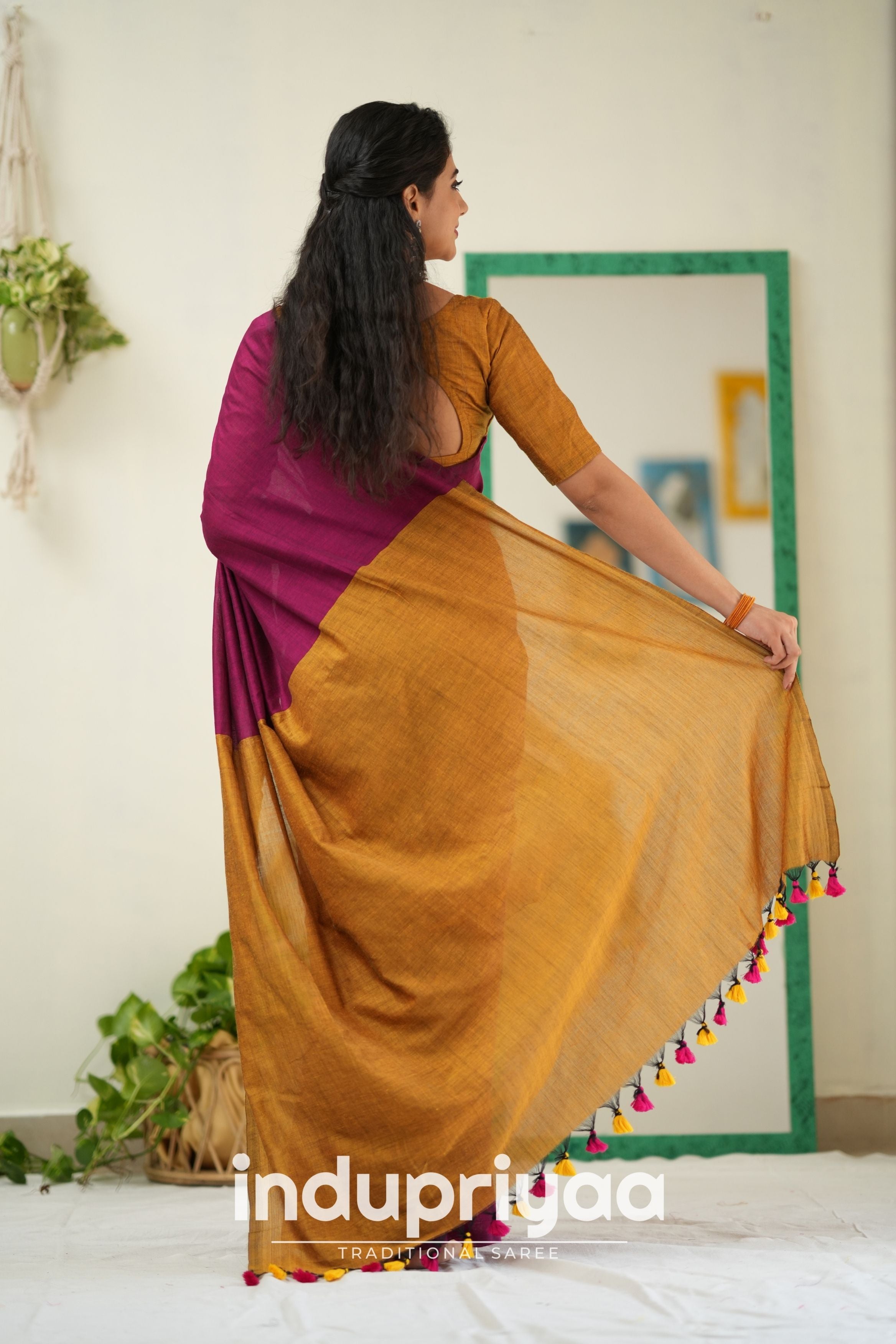 Wine Nd Masturd Gold Handloom Khadi Cotton Saree