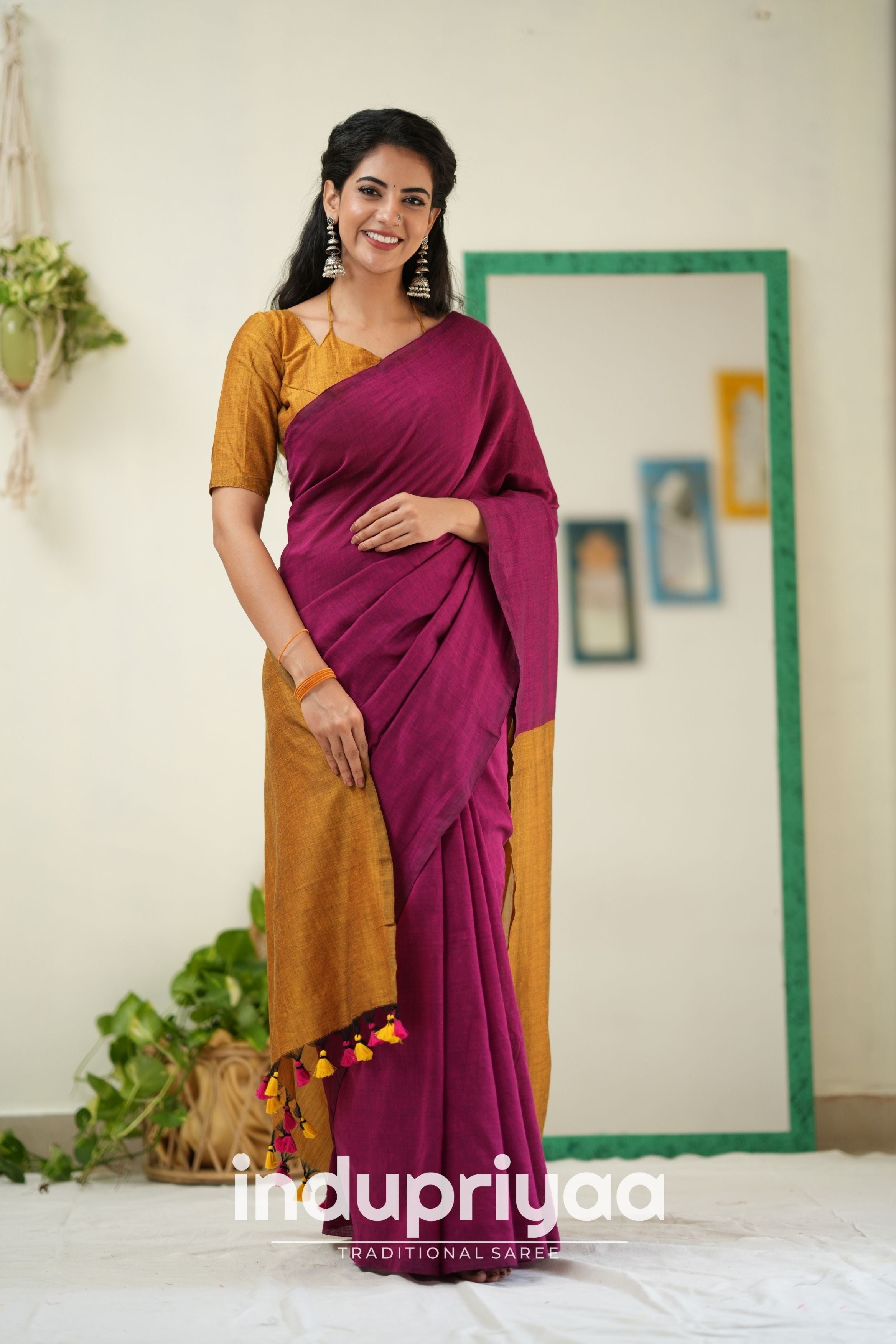 Wine Nd Masturd Gold Handloom Khadi Cotton Saree