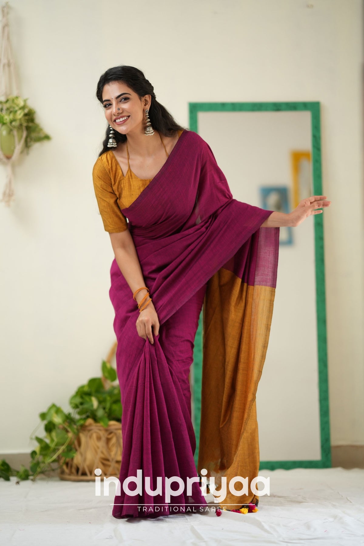 Wine Nd Masturd Gold Handloom Khadi Cotton Saree